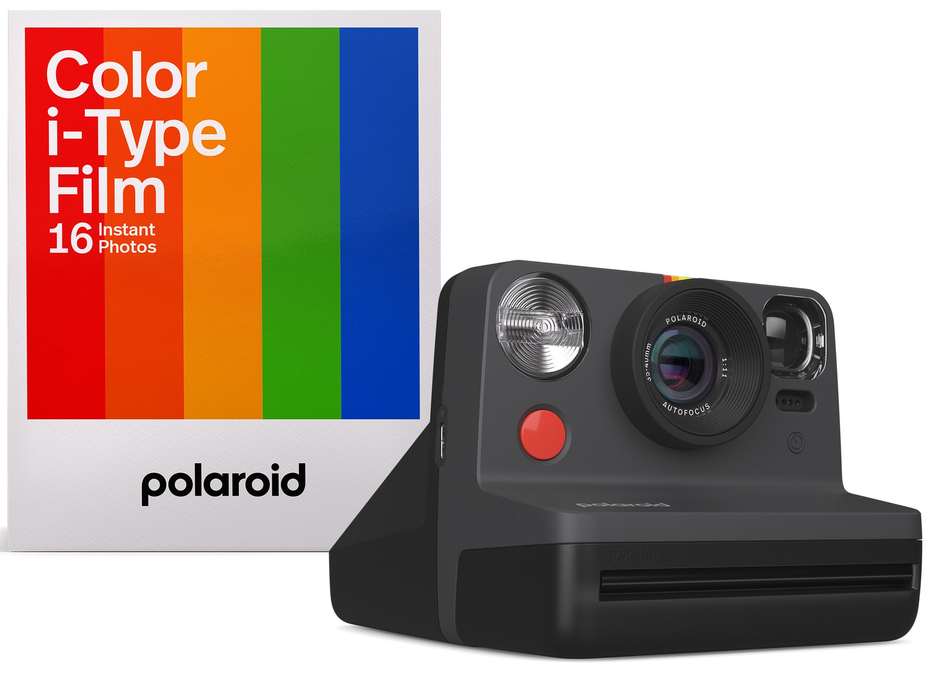 Polaroid Now Generation 2 i-Type Instant Camera Everything Box in black with 2-lens autofocus, self-timer, double exposure mode, built-in flash, rechargeable battery, includes wrist strap, USB-C cable, and 16-exposure Polaroid i-Type color film.