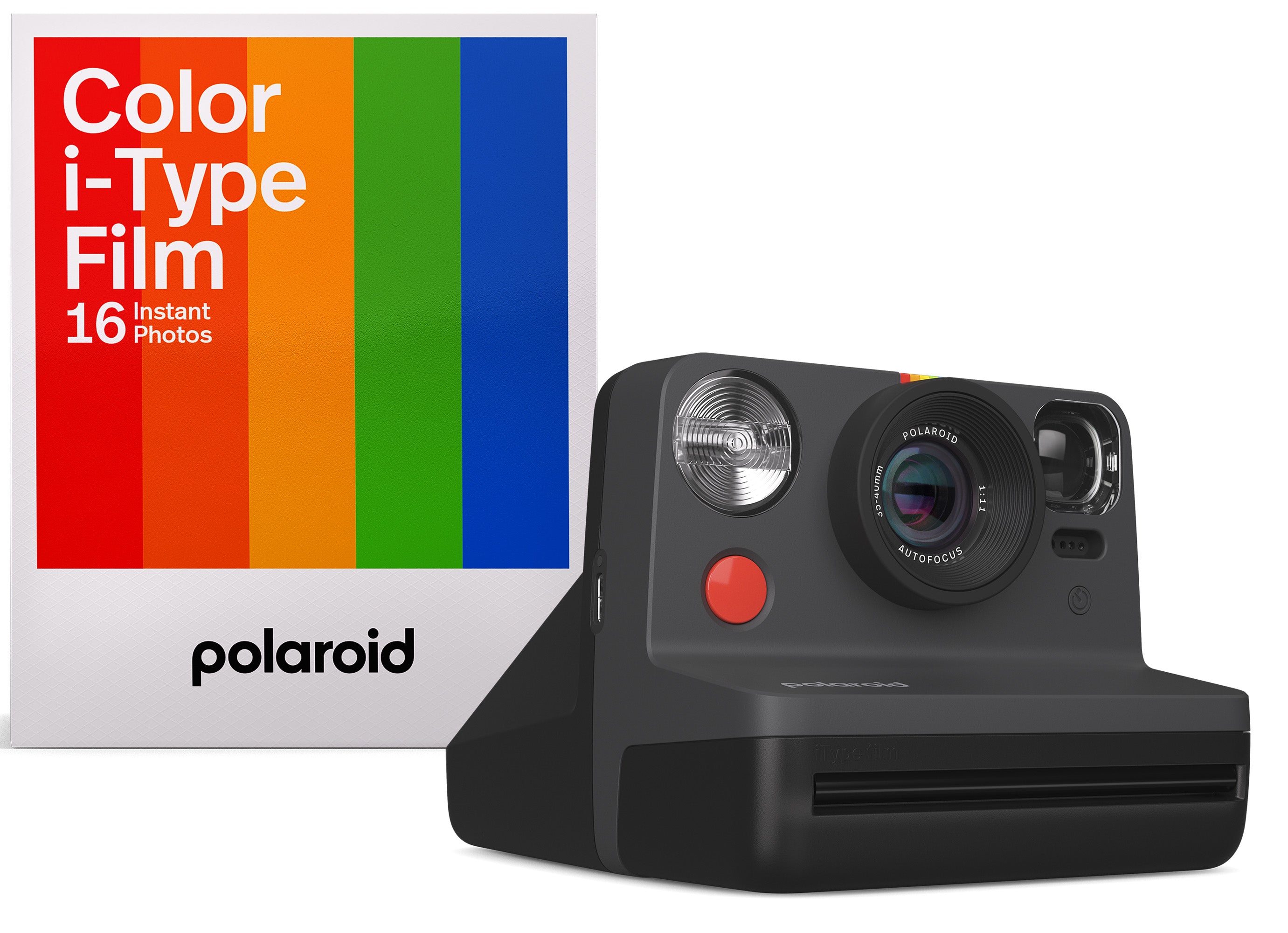 Polaroid Now Generation 2 i-Type Instant Camera Everything Box in black with 2-lens autofocus, self-timer, double exposure mode, built-in flash, rechargeable battery, includes wrist strap, USB-C cable, and 16-exposure Polaroid i-Type color film.