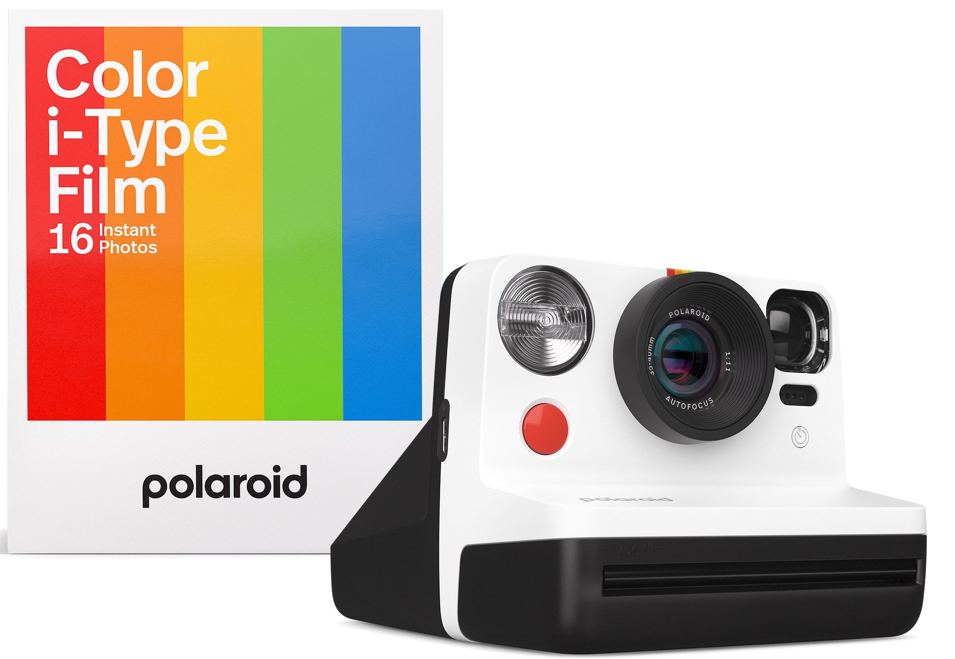 Polaroid Now Generation 2 i-Type Instant Camera Everything Box in black and white, with 2-lens autofocus, double exposure and self-timer modes, built-in flash, rechargeable battery, wrist strap, USB-C charging, and includes 16 exposure film pack.