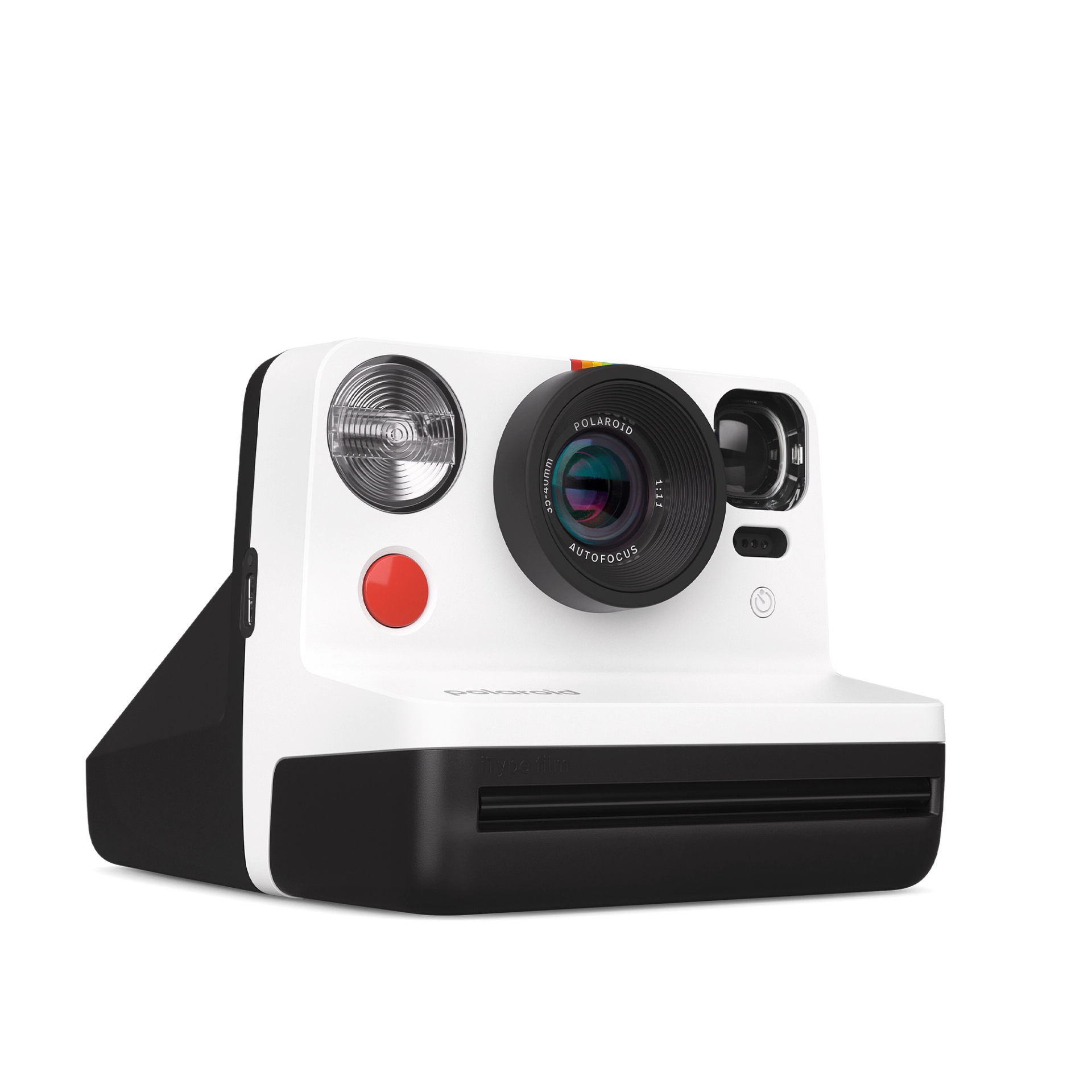 Polaroid Now Generation 2 i-Type Instant Camera Everything Box in black and white, with 2-lens autofocus, double exposure and self-timer modes, built-in flash, rechargeable battery, wrist strap, USB-C charging, and includes 16 exposure film pack.