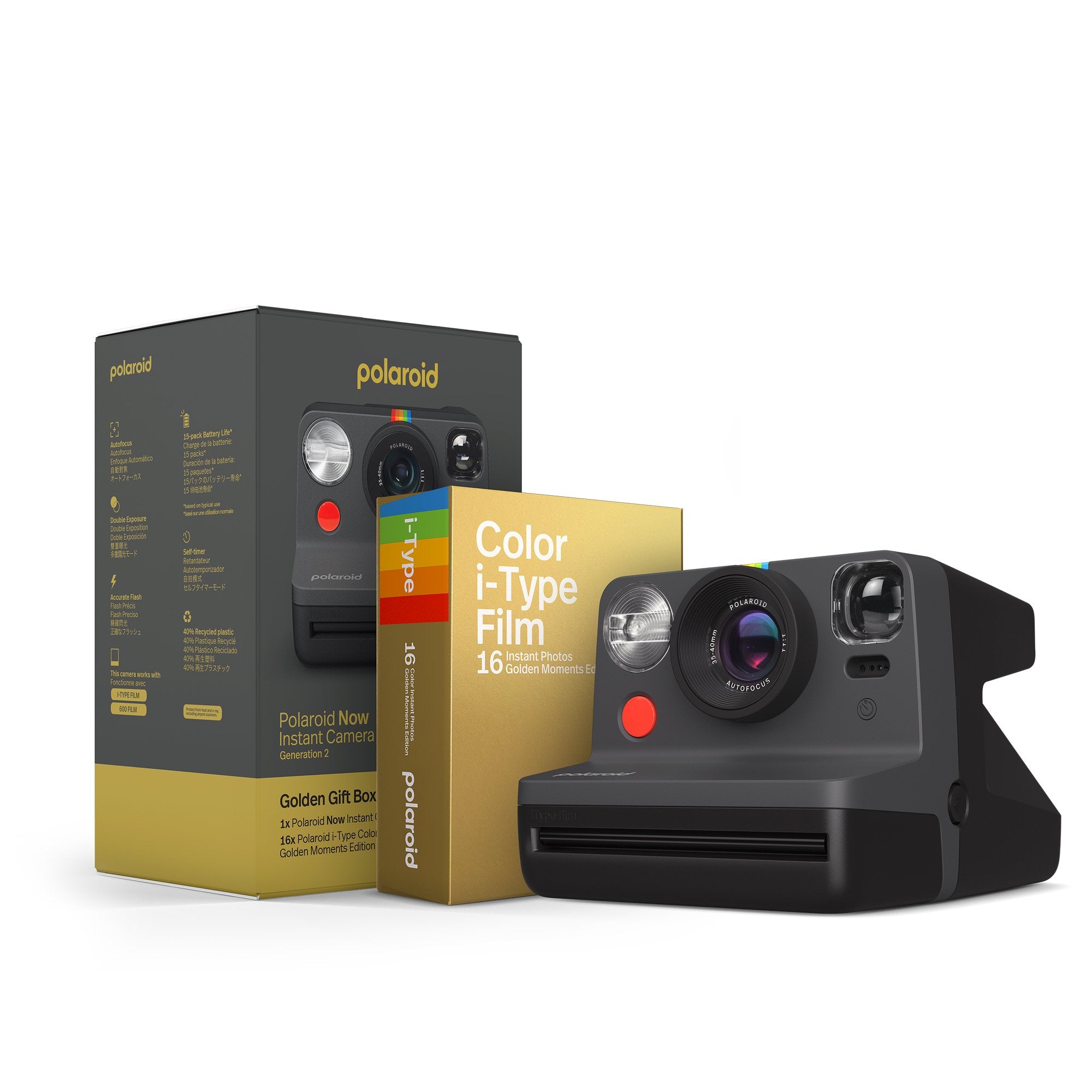 Polaroid Now Gen 2 i-Type Instant Camera Everything Box Golden Moments edition with autofocus, self-timer, double exposure, accurate flash, rechargeable lithium-ion battery, wrist strap, USB-C charging, and includes double pack of i-Type film.