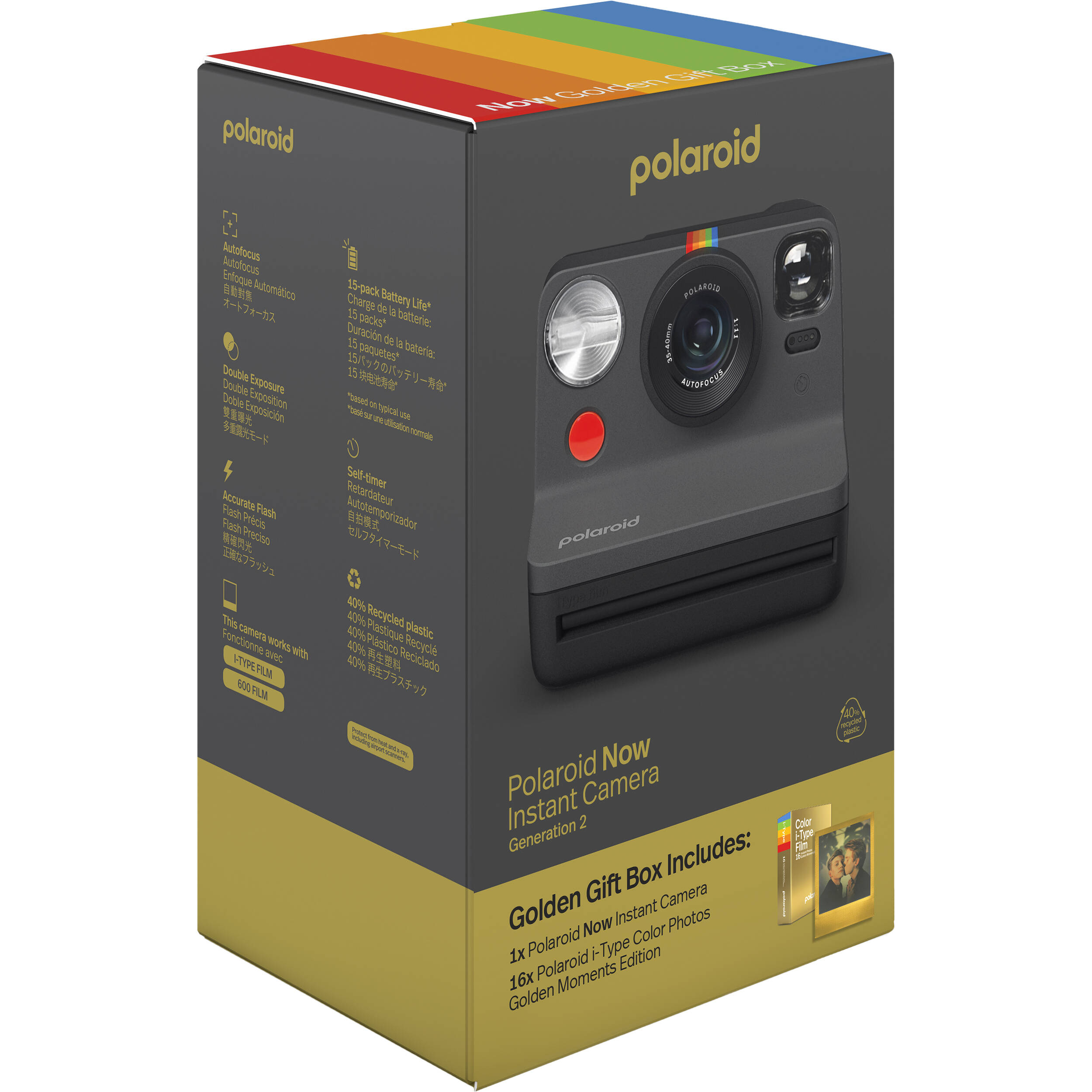 Polaroid Now Gen 2 i-Type Instant Camera Everything Box Golden Moments edition with autofocus, self-timer, double exposure, accurate flash, rechargeable lithium-ion battery, wrist strap, USB-C charging, and includes double pack of i-Type film.