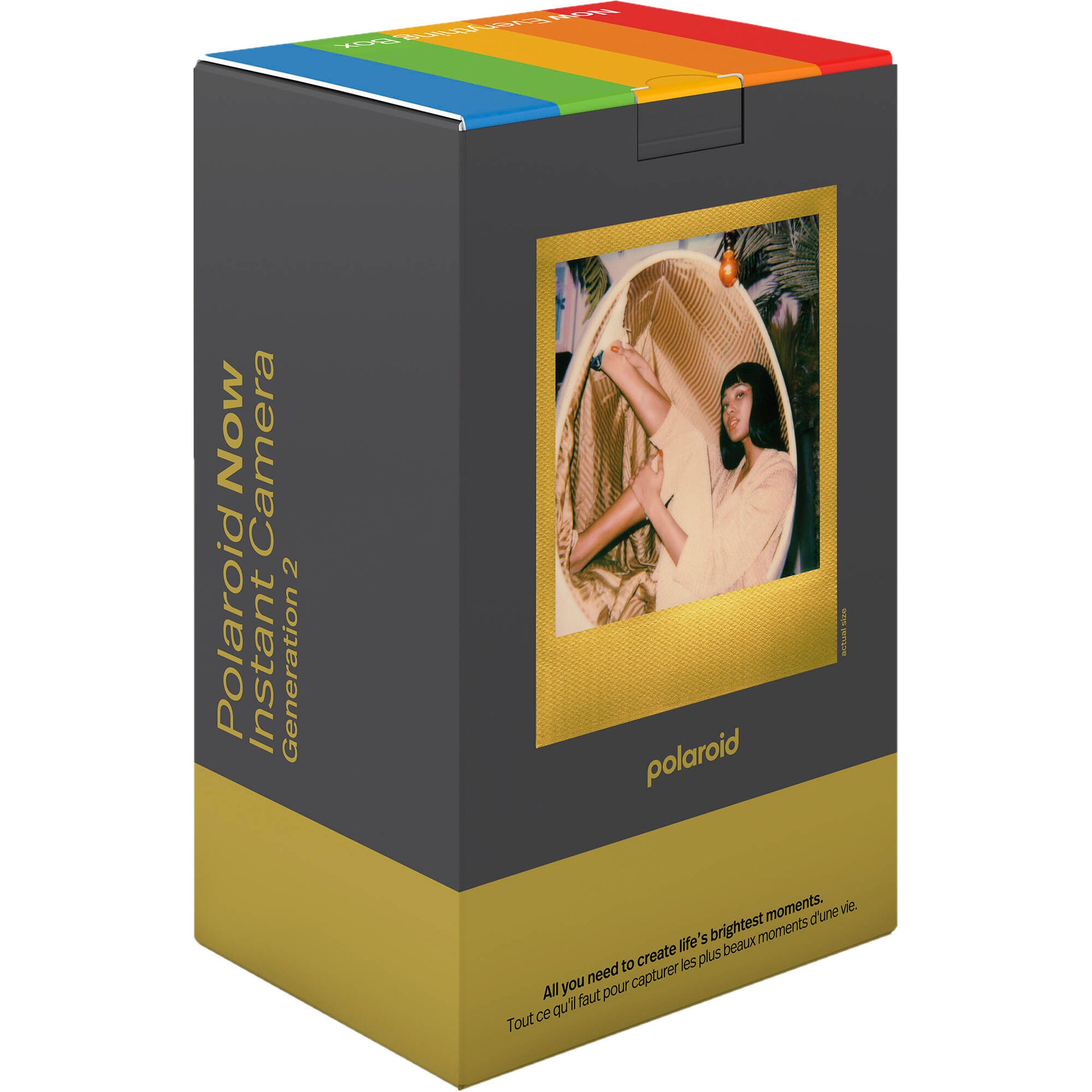 Polaroid Now Gen 2 i-Type Instant Camera Everything Box Golden Moments edition with autofocus, self-timer, double exposure, accurate flash, rechargeable lithium-ion battery, wrist strap, USB-C charging, and includes double pack of i-Type film.