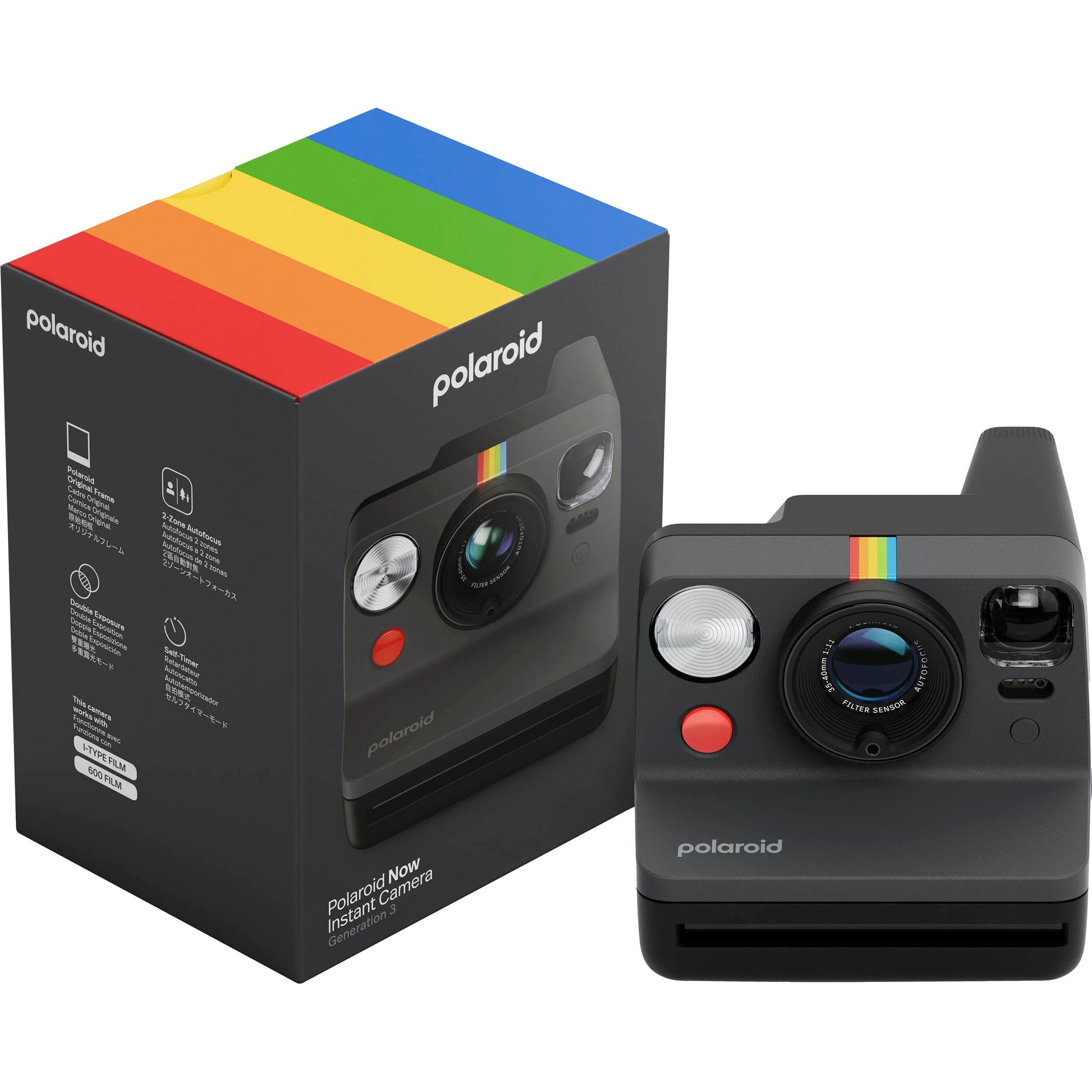 Polaroid Now Generation 3 Starter Set in black, featuring upgraded two-lens autofocus system, double-exposure and self-timer modes, built-in tripod mount, accurate flash, USB-C rechargeable battery, made with 40% recycled plastics, compatible with Polaroid i-Type and 600 film."