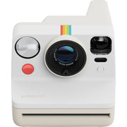 Polaroid Now Generation 3 Starter Set in white featuring upgraded two-lens autofocus, double exposure and self-timer modes, built-in tripod mount, USB-C rechargeable battery, made with 40% recycled plastics, compatible with Polaroid i-Type and 600 film.