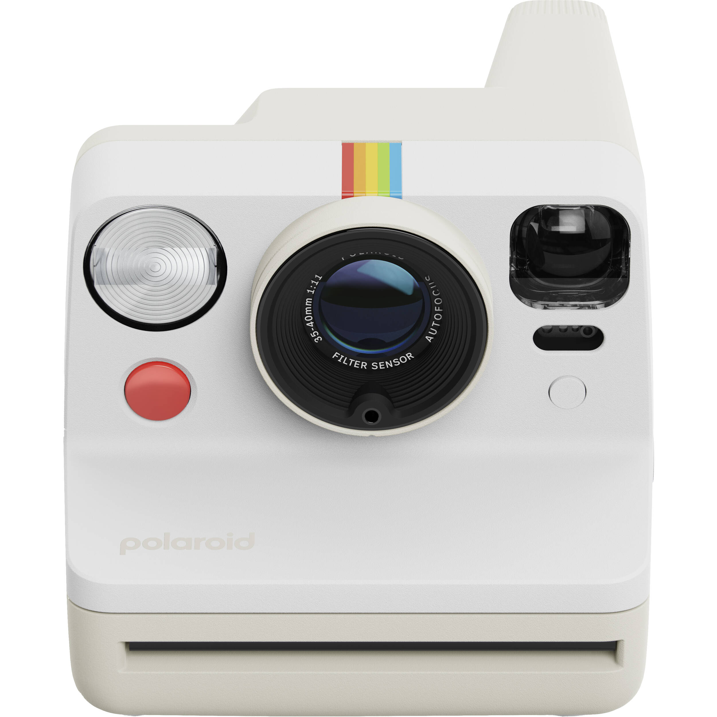 Polaroid Now Generation 3 Starter Set in white featuring upgraded two-lens autofocus, double exposure and self-timer modes, built-in tripod mount, USB-C rechargeable battery, made with 40% recycled plastics, compatible with Polaroid i-Type and 600 film.