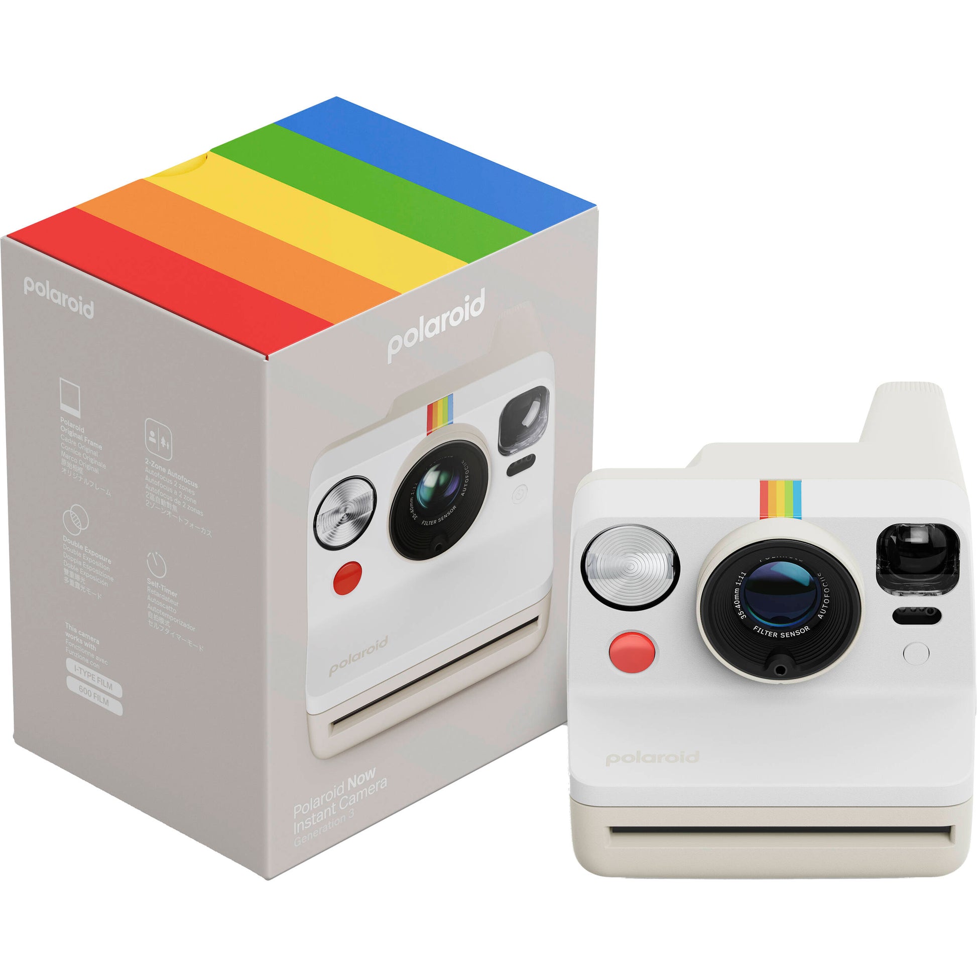 Polaroid Now Generation 3 Starter Set in white featuring upgraded two-lens autofocus, double exposure and self-timer modes, built-in tripod mount, USB-C rechargeable battery, made with 40% recycled plastics, compatible with Polaroid i-Type and 600 film.