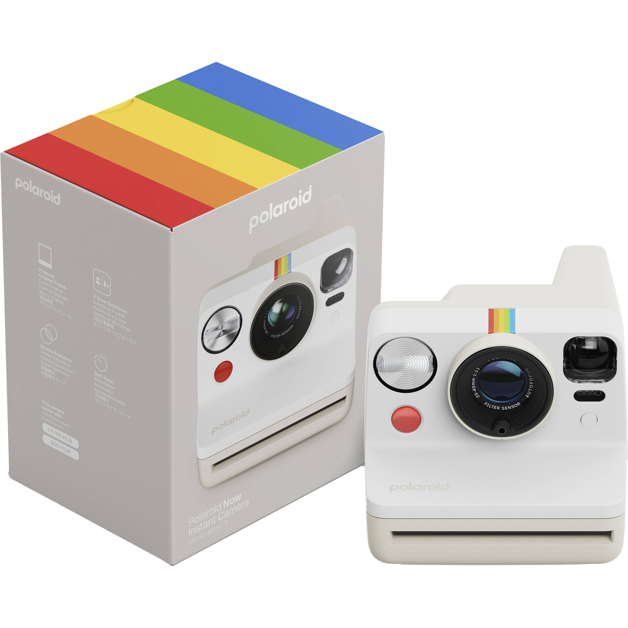 Polaroid Now Generation 3 Starter Set in white featuring upgraded two-lens autofocus, double exposure and self-timer modes, built-in tripod mount, USB-C rechargeable battery, made with 40% recycled plastics, compatible with Polaroid i-Type and 600 film.