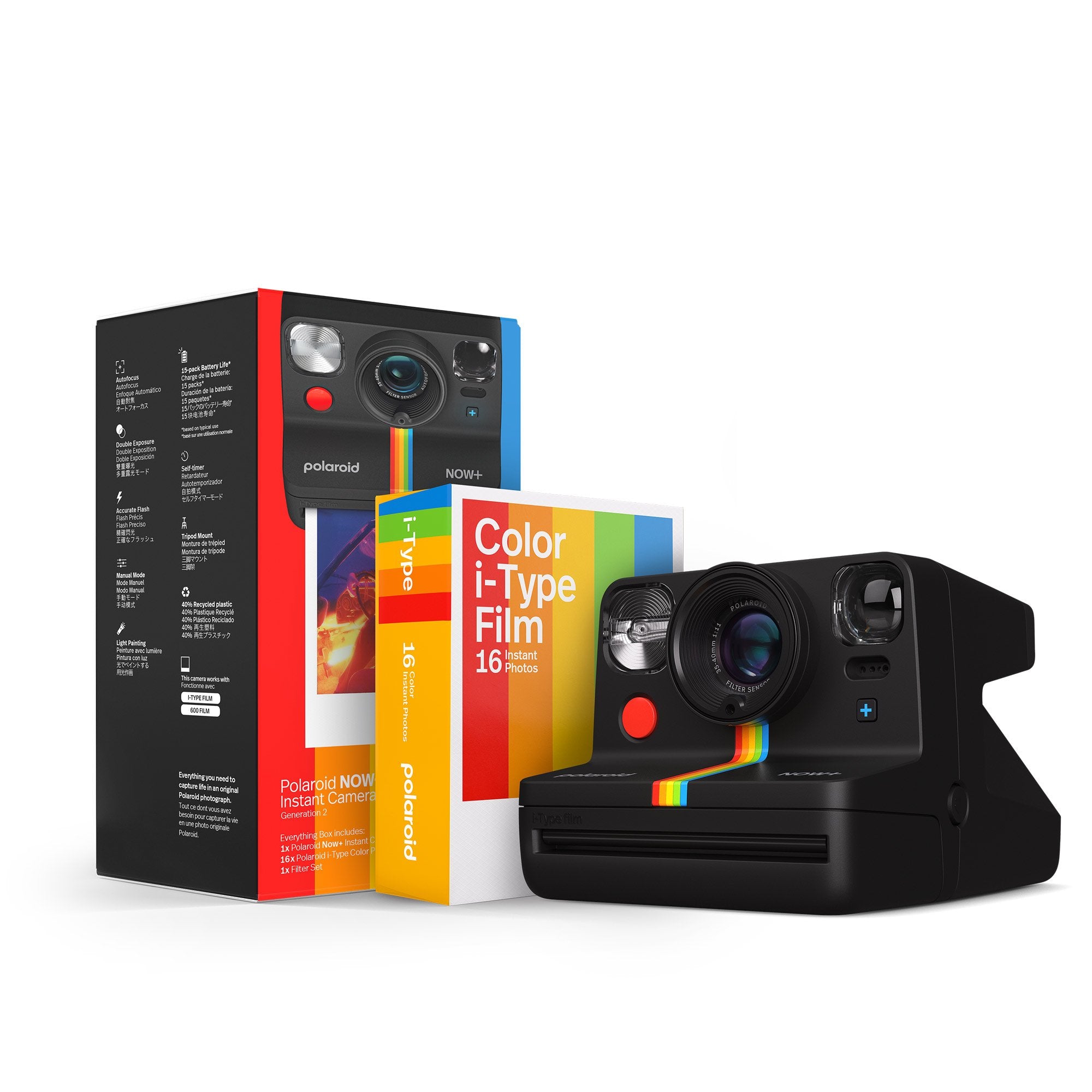 Polaroid Now Generation 2 Starter Set in black featuring classic design with 2-lens autofocus, self-timer and double exposure modes, built-in flash, rechargeable battery, made with 40% recycled materials, includes USB-C charging cable, wrist strap, and two packs of Polaroid i-Type instant film.