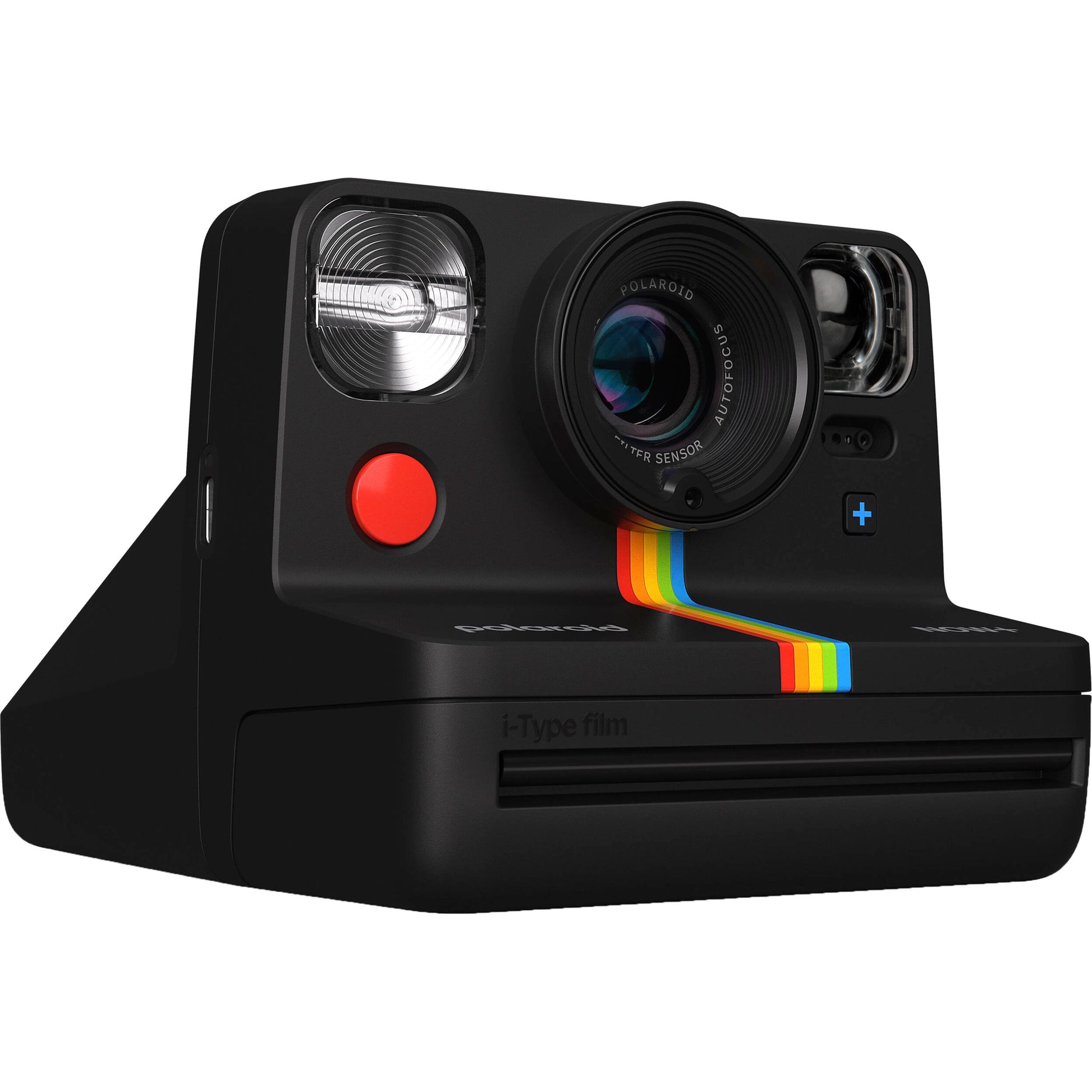 Polaroid Now Generation 2 Starter Set in black featuring classic design with 2-lens autofocus, self-timer and double exposure modes, built-in flash, rechargeable battery, made with 40% recycled materials, includes USB-C charging cable, wrist strap, and two packs of Polaroid i-Type instant film.