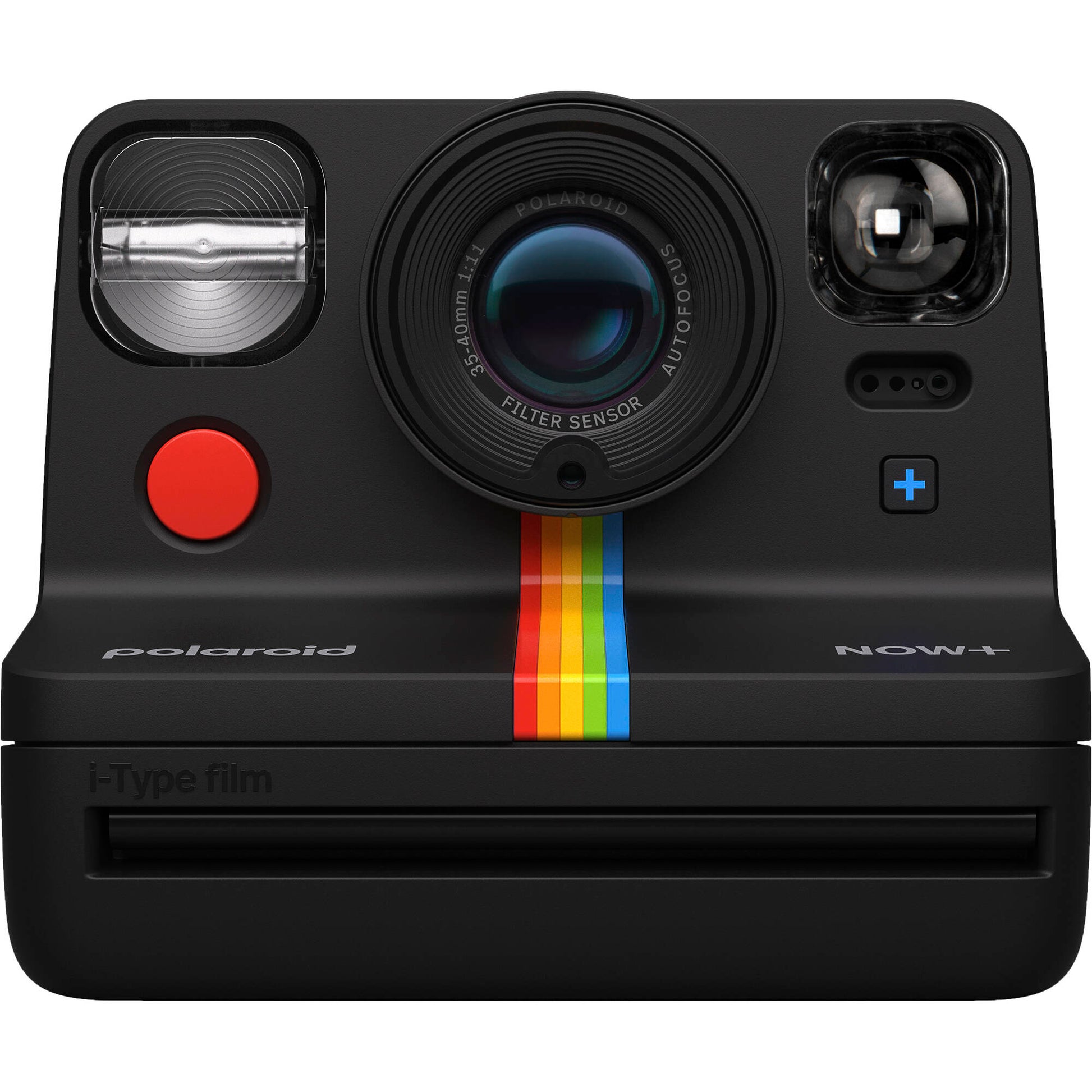 Polaroid Now Generation 2 Starter Set in black featuring classic design with 2-lens autofocus, self-timer and double exposure modes, built-in flash, rechargeable battery, made with 40% recycled materials, includes USB-C charging cable, wrist strap, and two packs of Polaroid i-Type instant film.