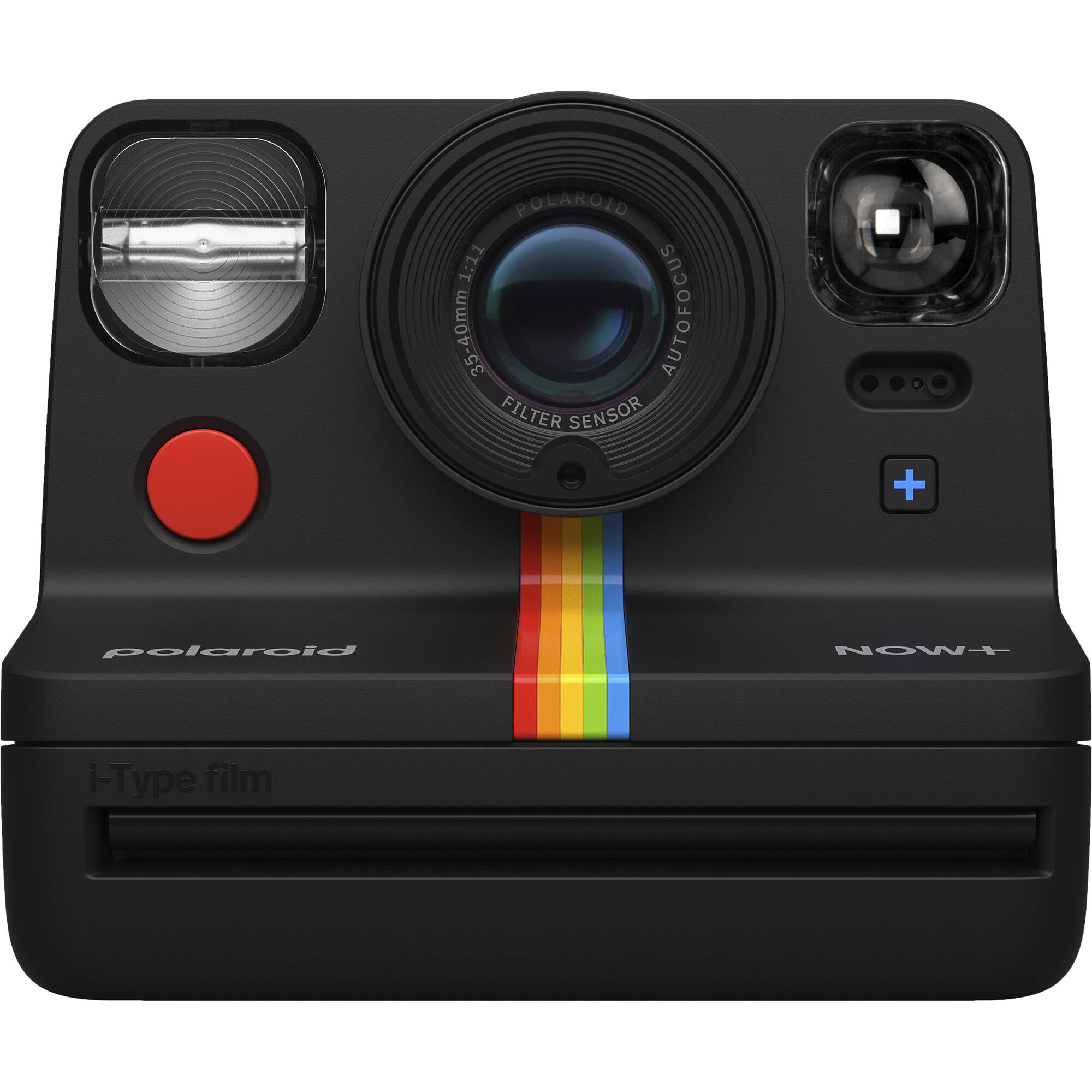 Polaroid Now Generation 2 Starter Set in black featuring classic design with 2-lens autofocus, self-timer and double exposure modes, built-in flash, rechargeable battery, made with 40% recycled materials, includes USB-C charging cable, wrist strap, and two packs of Polaroid i-Type instant film.