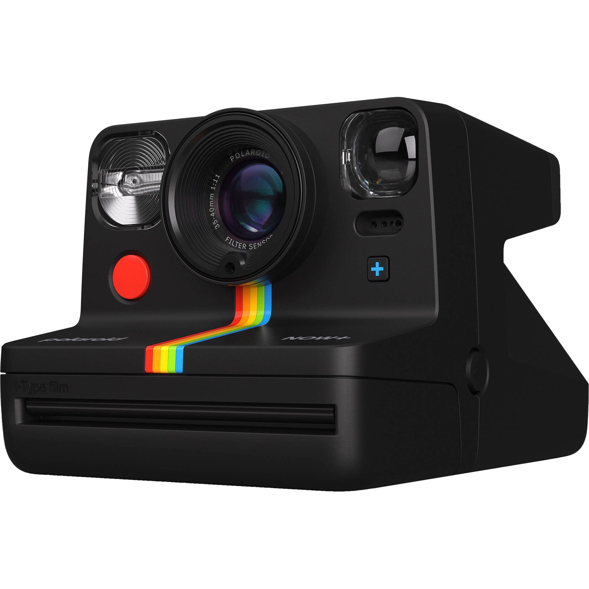Polaroid Now Generation 2 Starter Set in black featuring classic design with 2-lens autofocus, self-timer and double exposure modes, built-in flash, rechargeable battery, made with 40% recycled materials, includes USB-C charging cable, wrist strap, and two packs of Polaroid i-Type instant film.