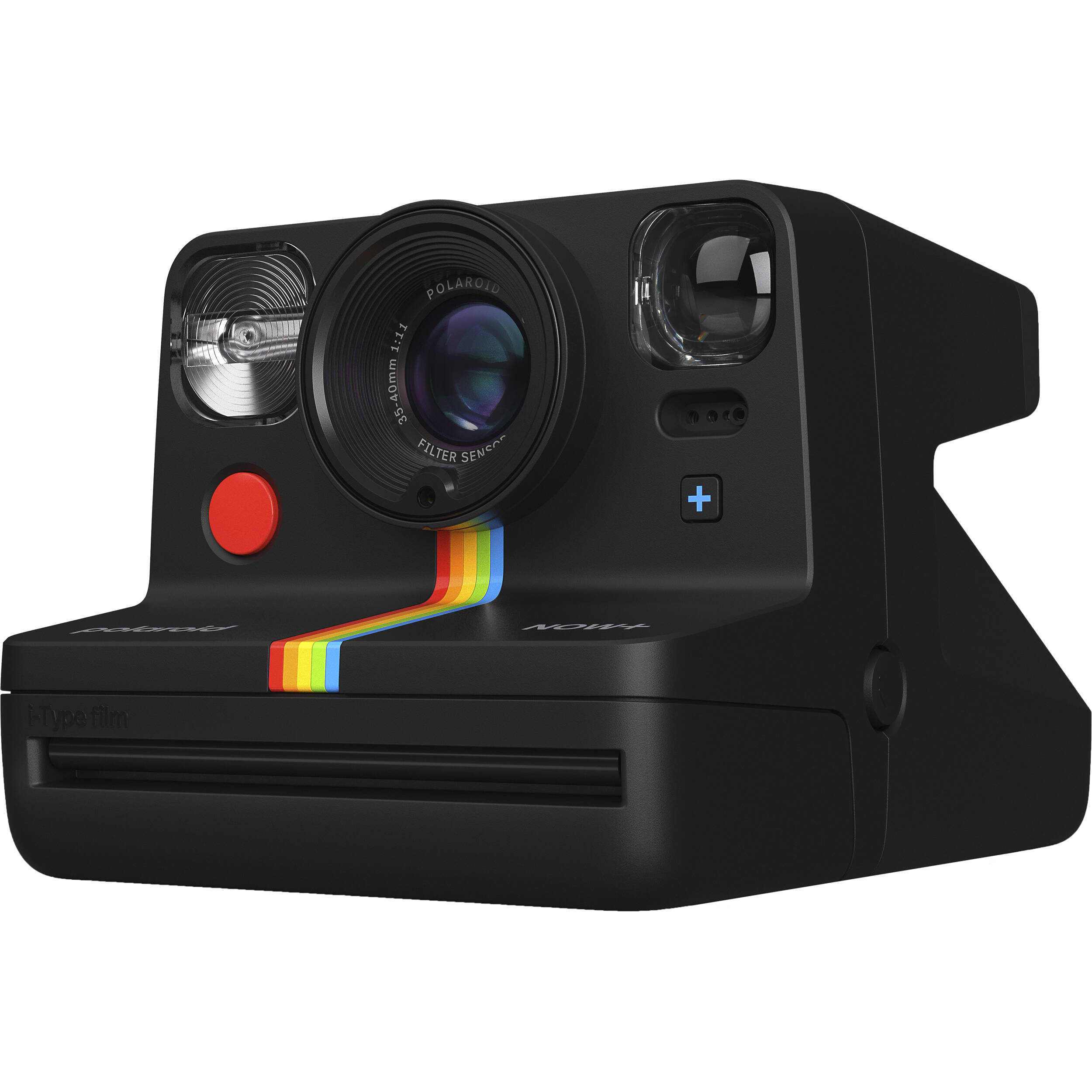 Polaroid Now Generation 2 Starter Set in black featuring classic design with 2-lens autofocus, self-timer and double exposure modes, built-in flash, rechargeable battery, made with 40% recycled materials, includes USB-C charging cable, wrist strap, and two packs of Polaroid i-Type instant film.