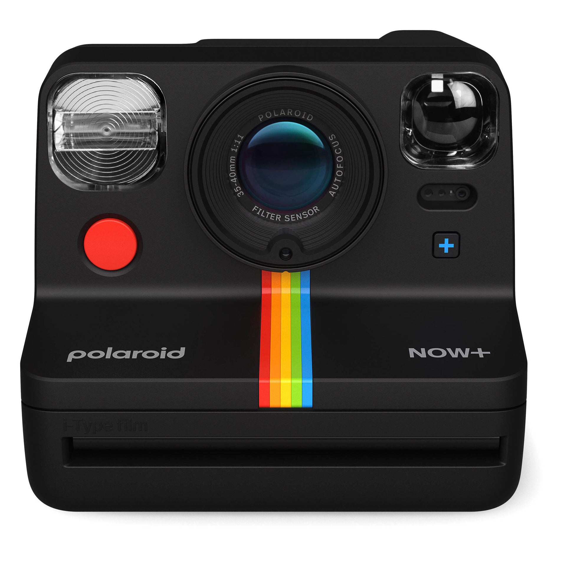 Polaroid Now Generation 2 Starter Set in black featuring classic design with 2-lens autofocus, self-timer and double exposure modes, built-in flash, rechargeable battery, made with 40% recycled materials, includes USB-C charging cable, wrist strap, and two packs of Polaroid i-Type instant film.