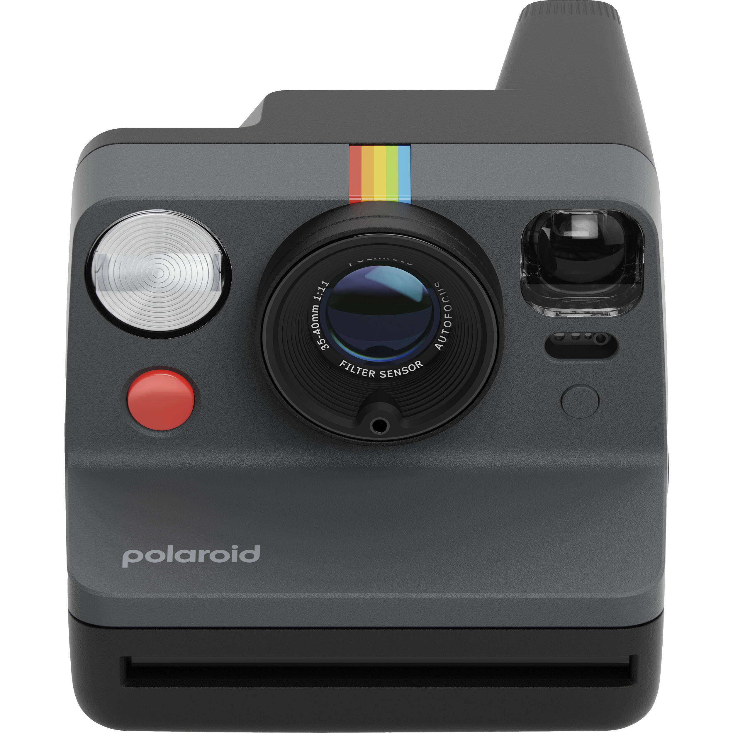 Polaroid Now+ Generation 3 Starter Set in black with two-lens autofocus system, aperture priority and manual modes via app control, self-timer and double exposure features, built-in flash, USB-C rechargeable battery, tripod mount, made with 40% recycled materials, compatible with Polaroid i-Type and 600 film.