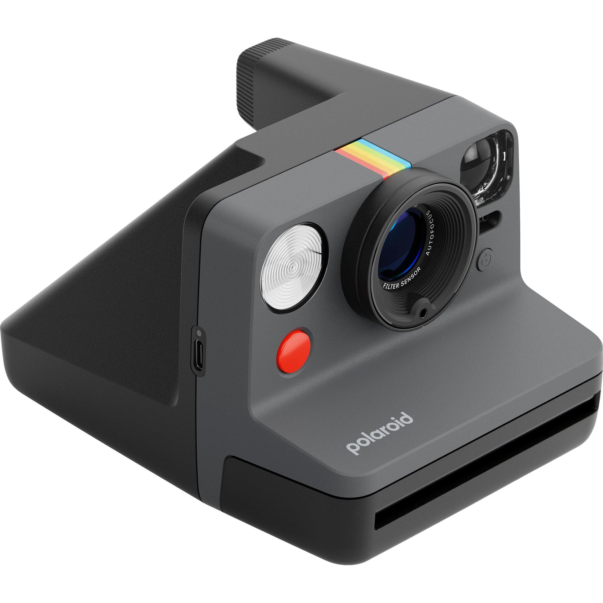 Polaroid Now+ Generation 3 Starter Set in black with two-lens autofocus system, aperture priority and manual modes via app control, self-timer and double exposure features, built-in flash, USB-C rechargeable battery, tripod mount, made with 40% recycled materials, compatible with Polaroid i-Type and 600 film.