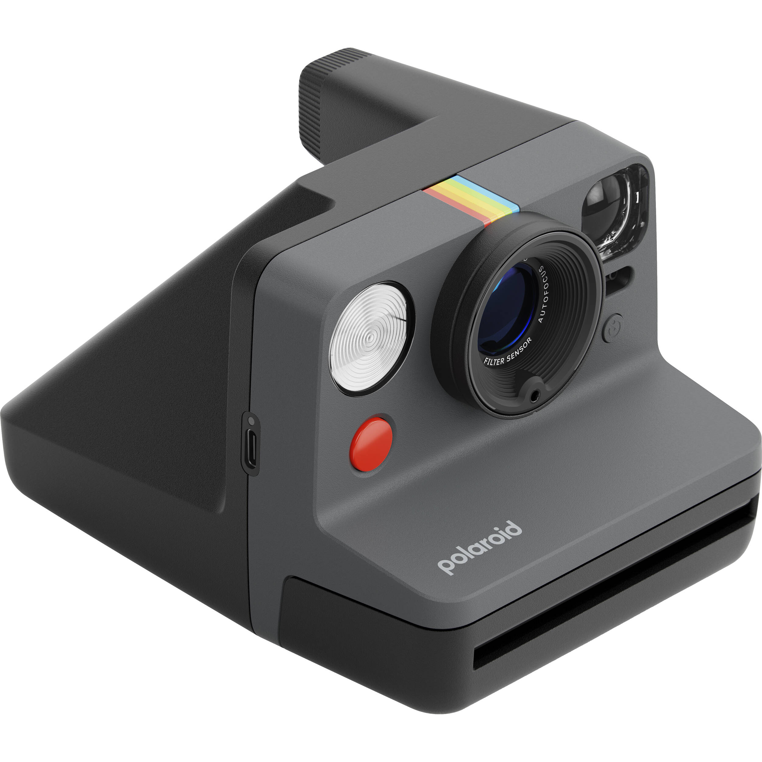 Polaroid Now+ Generation 3 Starter Set in black with two-lens autofocus system, aperture priority and manual modes via app control, self-timer and double exposure features, built-in flash, USB-C rechargeable battery, tripod mount, made with 40% recycled materials, compatible with Polaroid i-Type and 600 film.