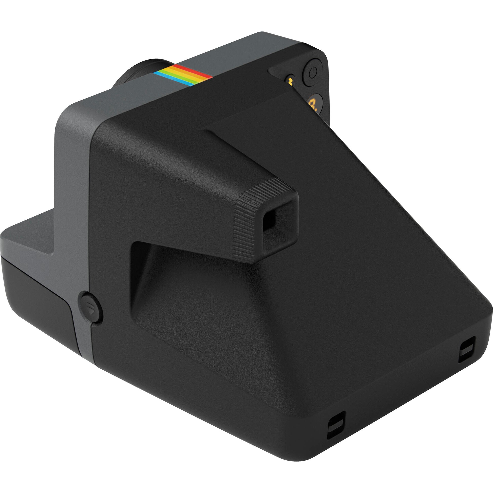Polaroid Now+ Generation 3 Starter Set in black with two-lens autofocus system, aperture priority and manual modes via app control, self-timer and double exposure features, built-in flash, USB-C rechargeable battery, tripod mount, made with 40% recycled materials, compatible with Polaroid i-Type and 600 film.