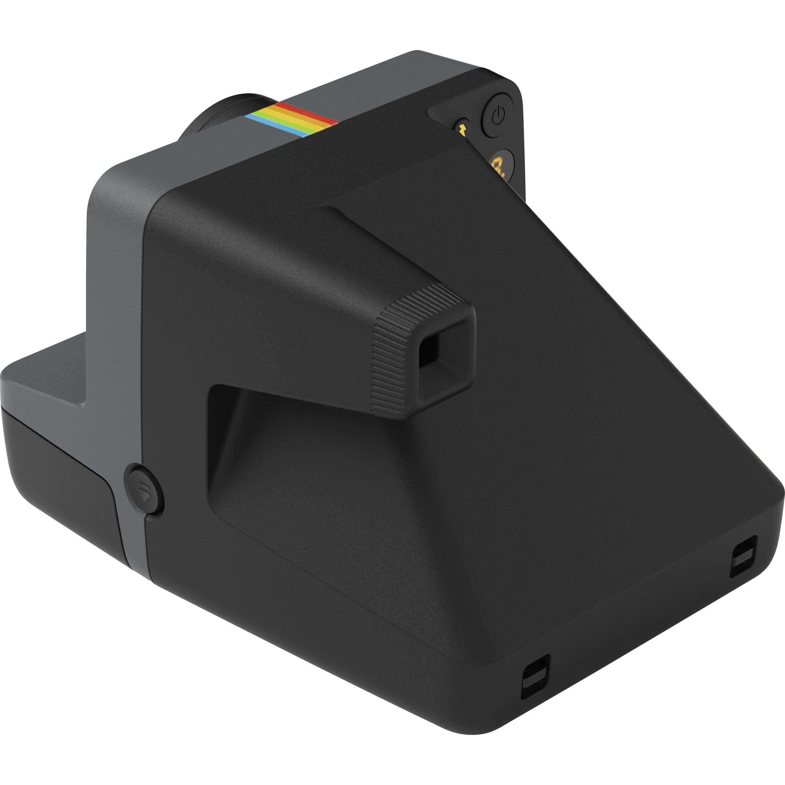 Polaroid Now+ Generation 3 Starter Set in black with two-lens autofocus system, aperture priority and manual modes via app control, self-timer and double exposure features, built-in flash, USB-C rechargeable battery, tripod mount, made with 40% recycled materials, compatible with Polaroid i-Type and 600 film.