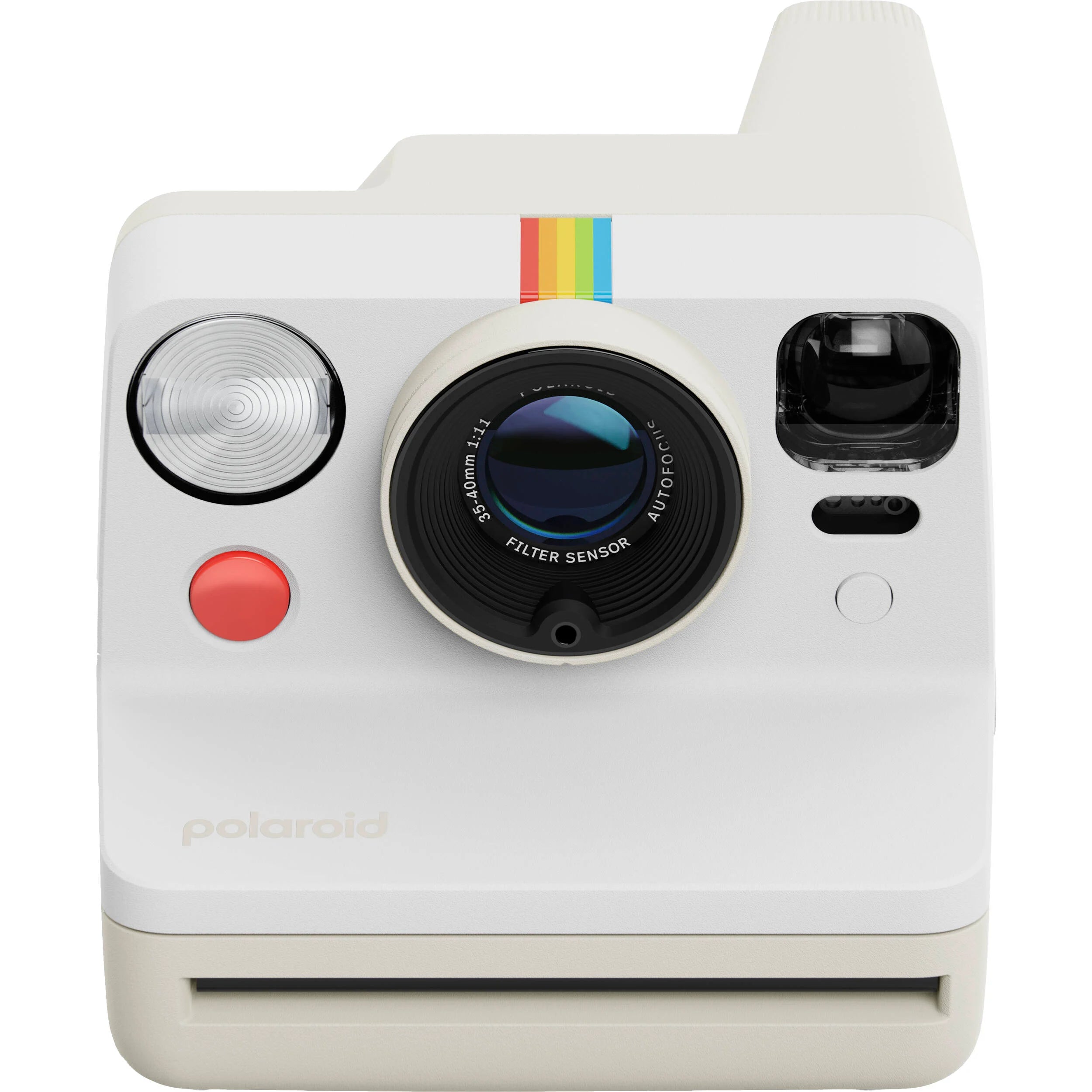 Polaroid Now+ Generation 3 Starter Set in white with upgraded two-lens autofocus, six apertures from f/11 to f/64, Bluetooth app control for remote shutter and manual modes, self-timer, double exposure, built-in flash, USB-C rechargeable battery, and made with 40% recycled materials."