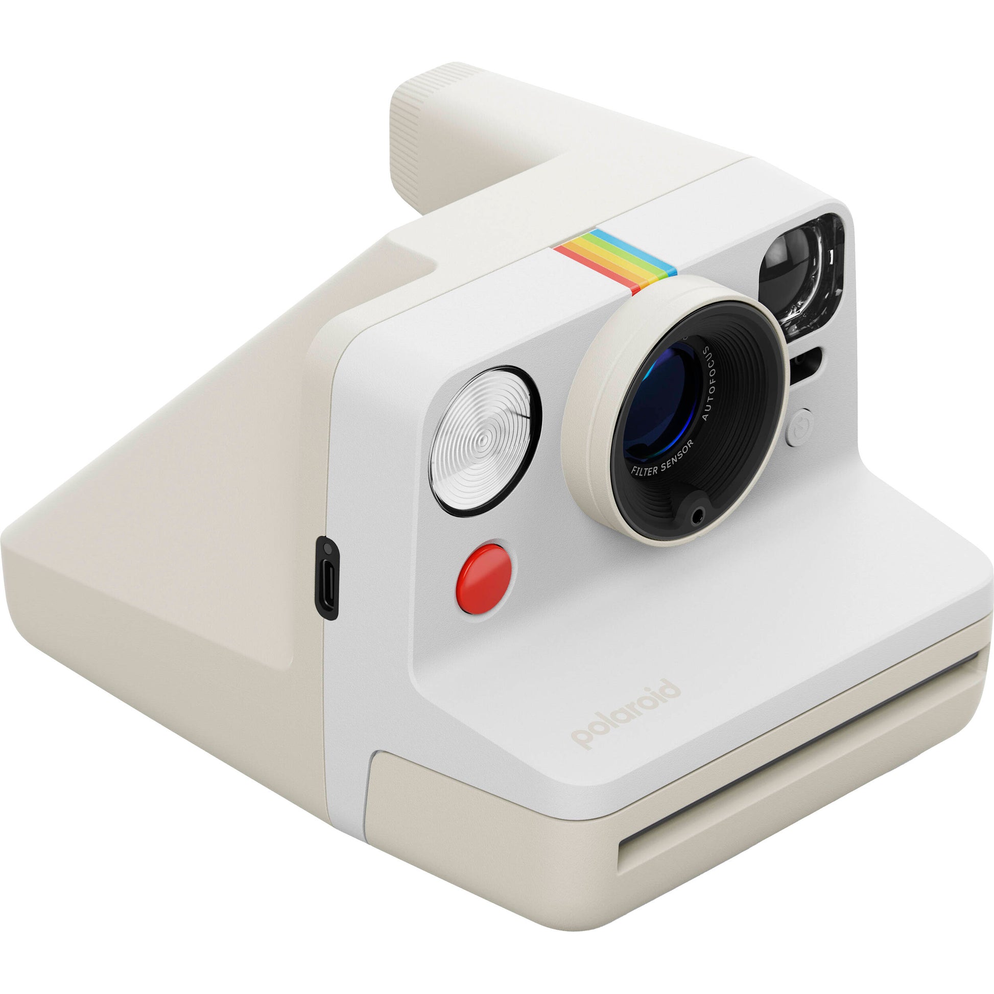 Polaroid Now+ Generation 3 Starter Set in white with upgraded two-lens autofocus, six apertures from f/11 to f/64, Bluetooth app control for remote shutter and manual modes, self-timer, double exposure, built-in flash, USB-C rechargeable battery, and made with 40% recycled materials."