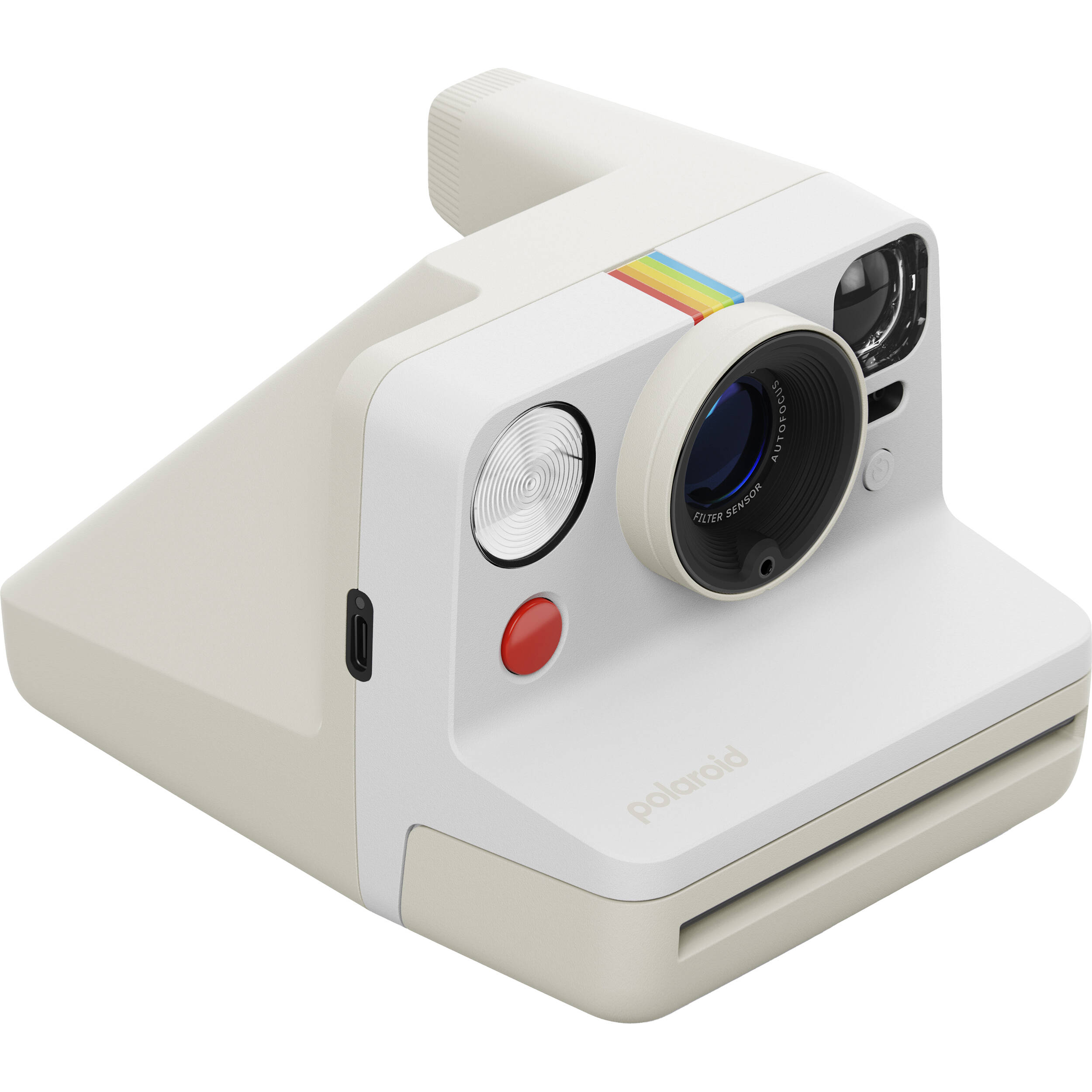 Polaroid Now+ Generation 3 Starter Set in white with upgraded two-lens autofocus, six apertures from f/11 to f/64, Bluetooth app control for remote shutter and manual modes, self-timer, double exposure, built-in flash, USB-C rechargeable battery, and made with 40% recycled materials."