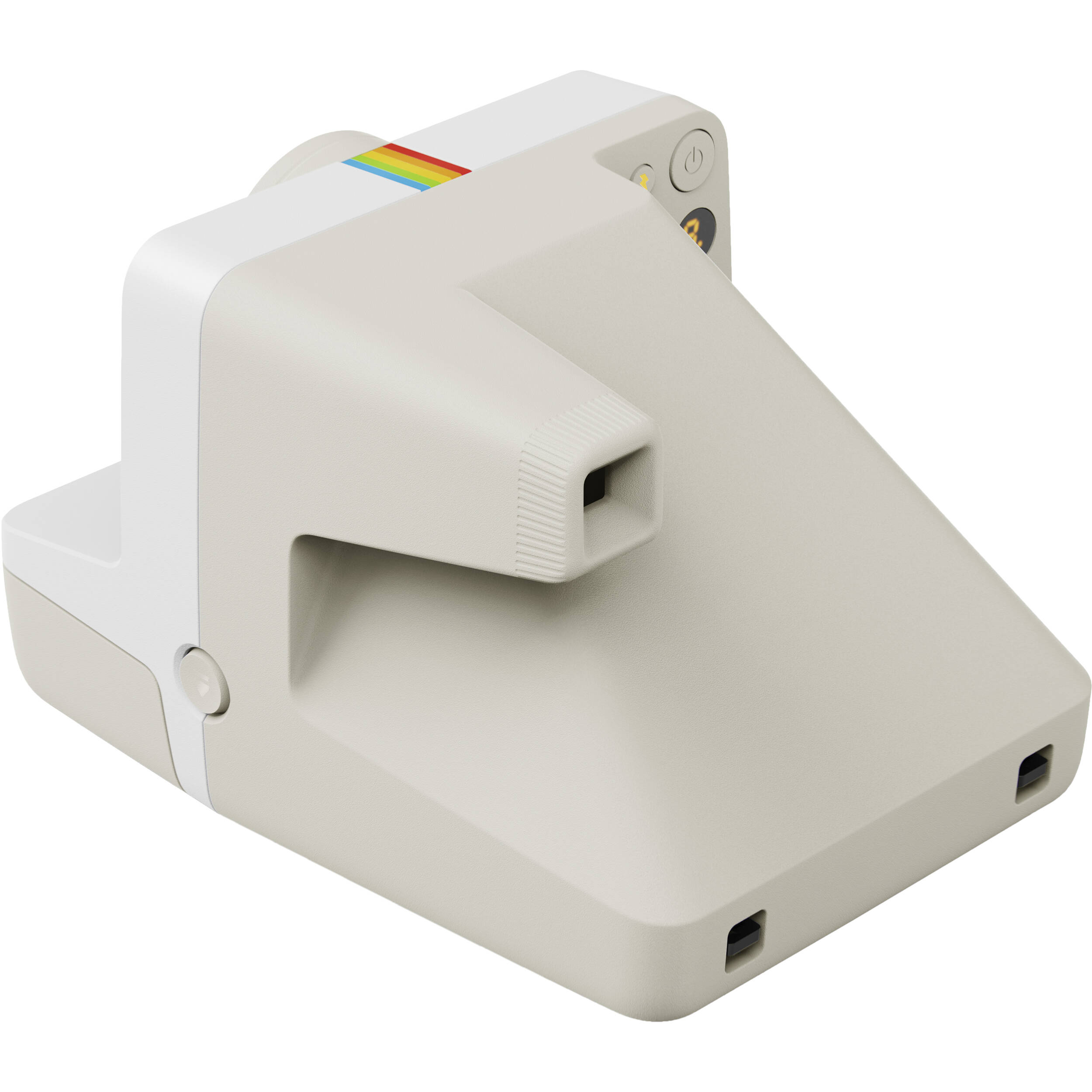 Polaroid Now+ Generation 3 Starter Set in white with upgraded two-lens autofocus, six apertures from f/11 to f/64, Bluetooth app control for remote shutter and manual modes, self-timer, double exposure, built-in flash, USB-C rechargeable battery, and made with 40% recycled materials."