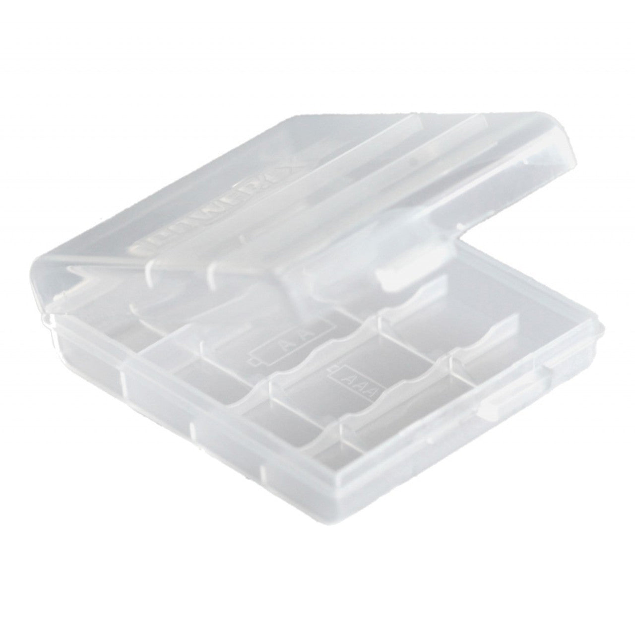 Clear plastic battery holder from Powerex. It can hold 4 AA or 4 AAA batteries.