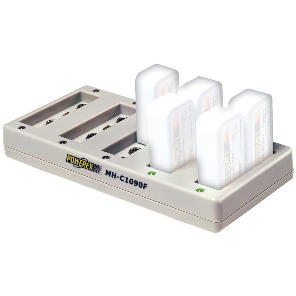 Powerex MH-C1090F Battery Charger - compact smart charger for 9V NiMH batteries with deep conditioning and rapid charge features.
