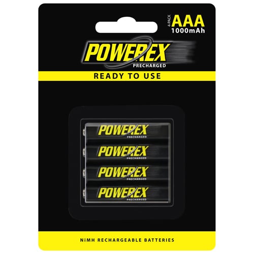 Powerex 4-pack AAA 1.2V 2600mAh rechargeable NiMH batteries, precharged and ready to use.
