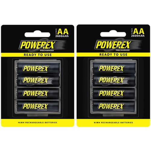 Powerex Precharged Rechargeable AA 2600mAh Batteries (2x 4-Pack) – reliable, high-capacity AA batteries ready to use for cameras, flashes, and other devices.