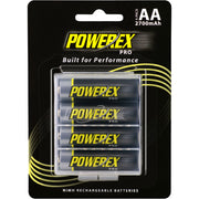 Pack of Powerex Pro AA batteries with clear window on black background
