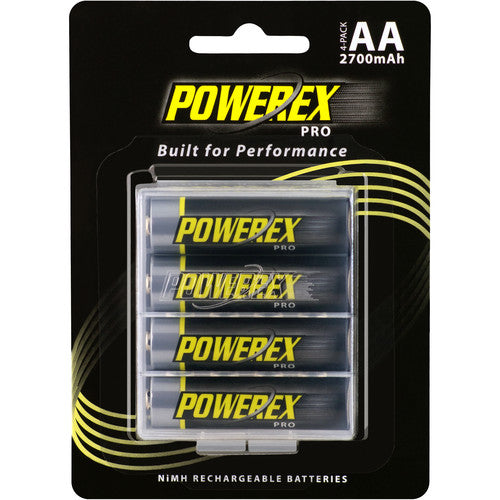 Pack of Powerex Pro AA batteries with clear window on black background