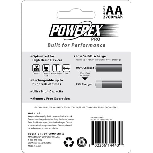 Powerex Pro AA battery pack with specifications on a white background