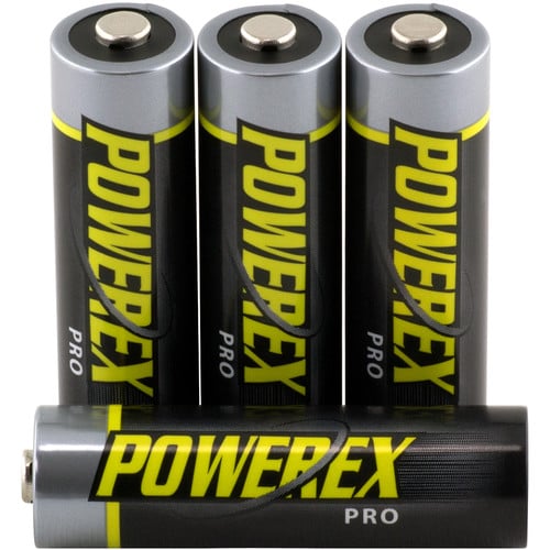 Three Powerex Pro batteries with one battery lying on its side on a white background