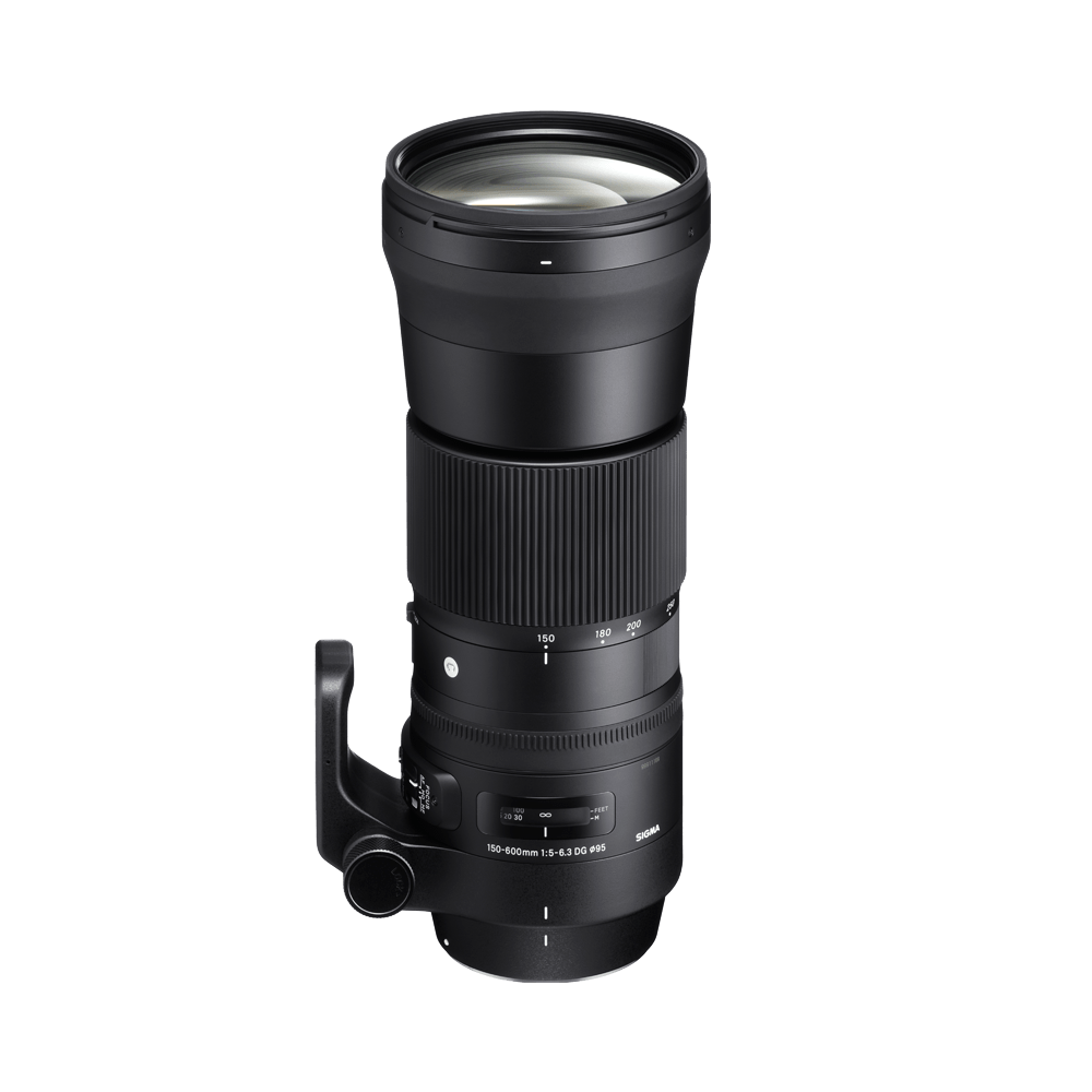 Camera lens with focus ring on a white background