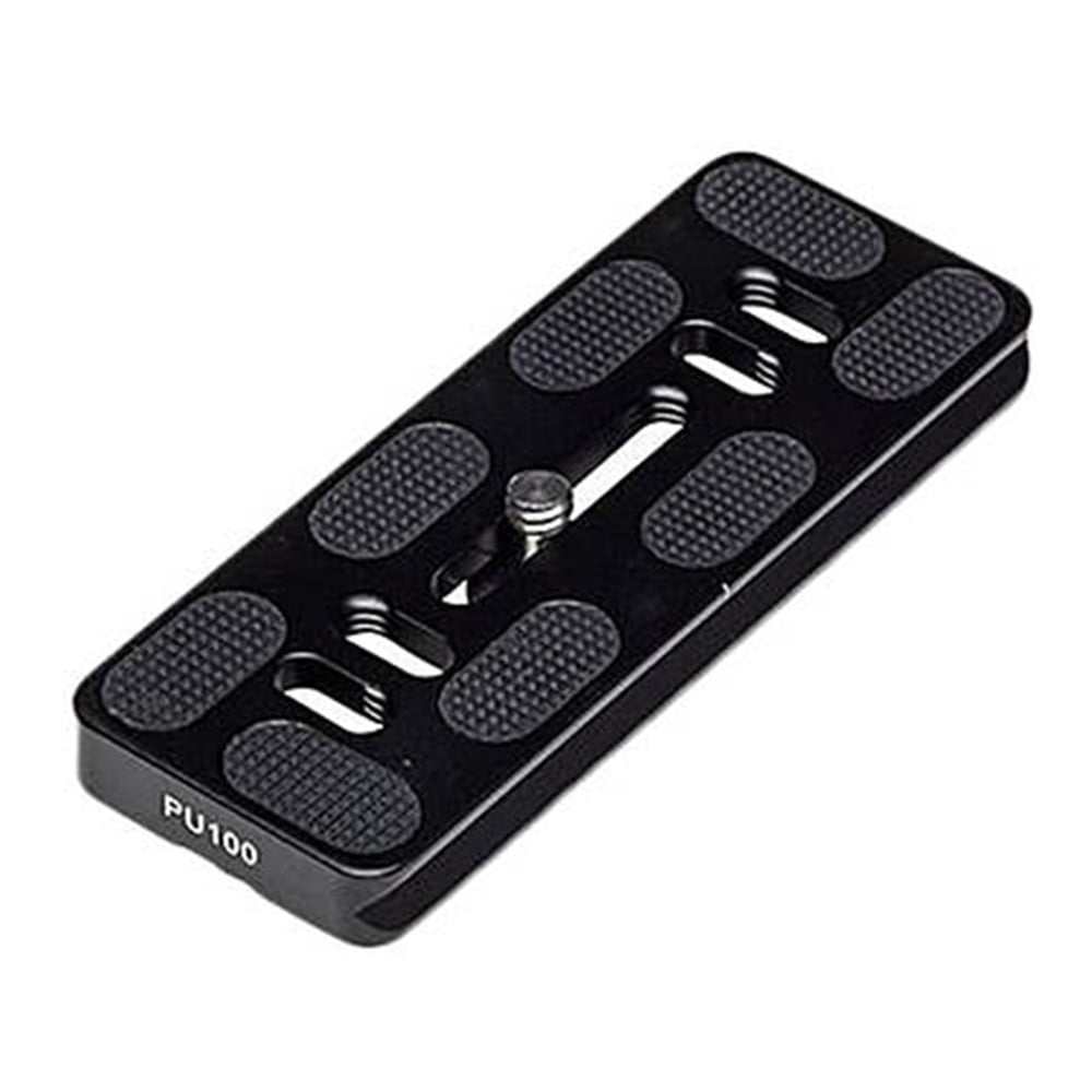 Benro PU‑100 Arca‑Swiss 100 mm quick‑release plate in silver aluminium with anti‑twist rubber mat and ¼″ screw.
