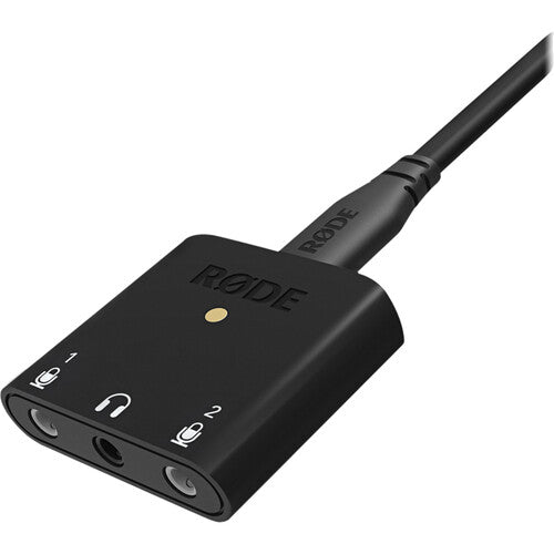 RØDE AI-Micro Ultra-Compact USB Type-C Audio Interface with dual 3.5mm inputs, USB connectivity, and compatibility with smartphones, tablets, and computers.