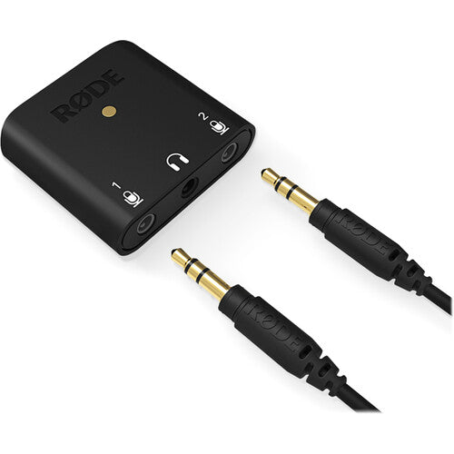 RØDE AI-Micro Ultra-Compact USB Type-C Audio Interface with dual 3.5mm inputs, USB connectivity, and compatibility with smartphones, tablets, and computers.