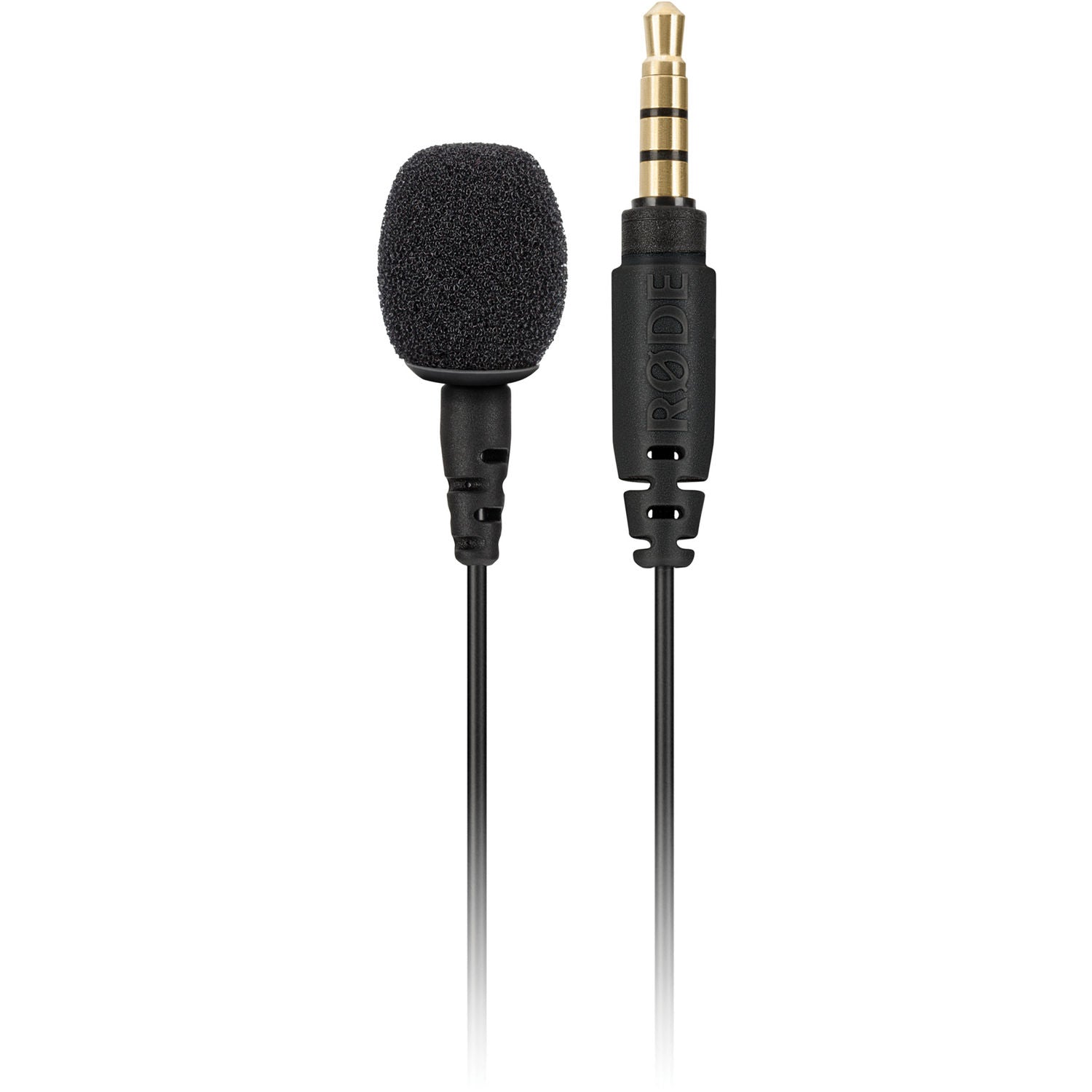 Lavalier microphone with a black foam cover and gold connector on a white background