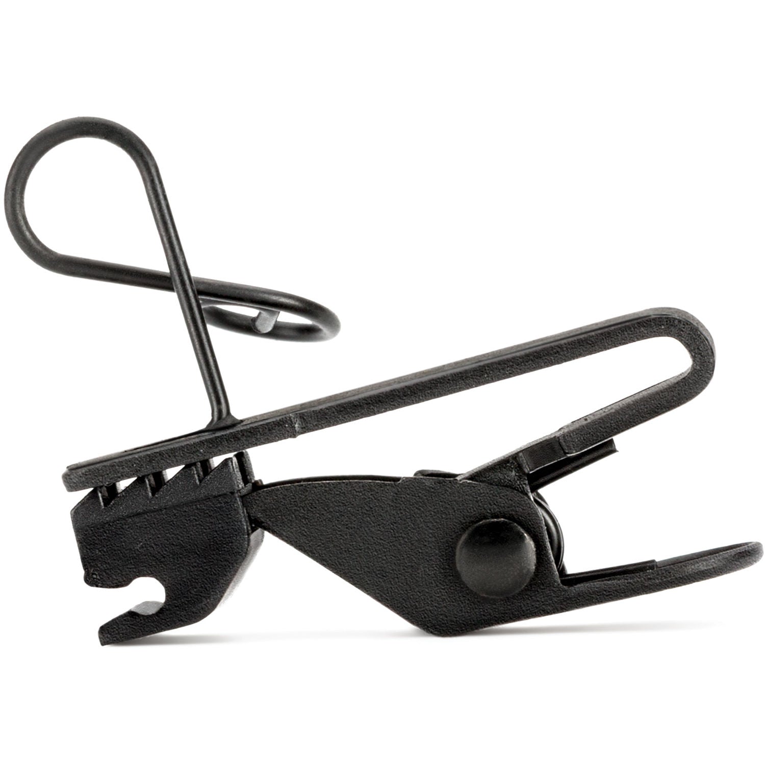 Black metal clip on a white background