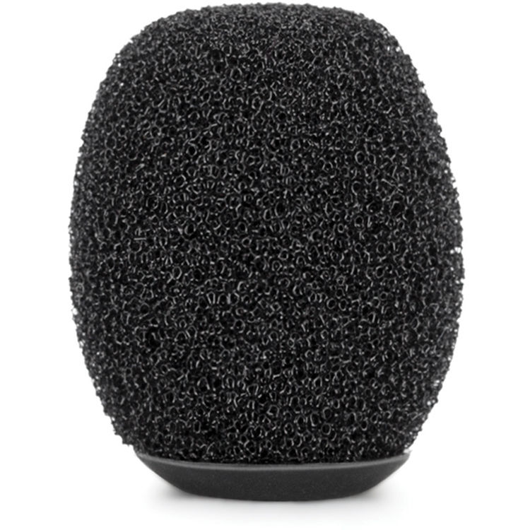 Black textured microphone windshield on a white background