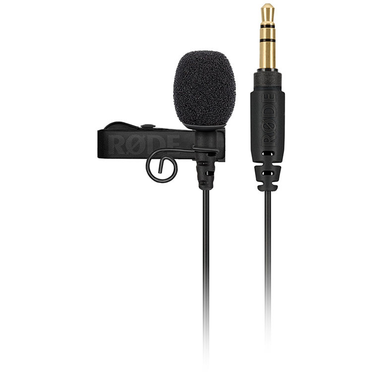 Rode lavalier microphone with 3.5mm plug on a white background