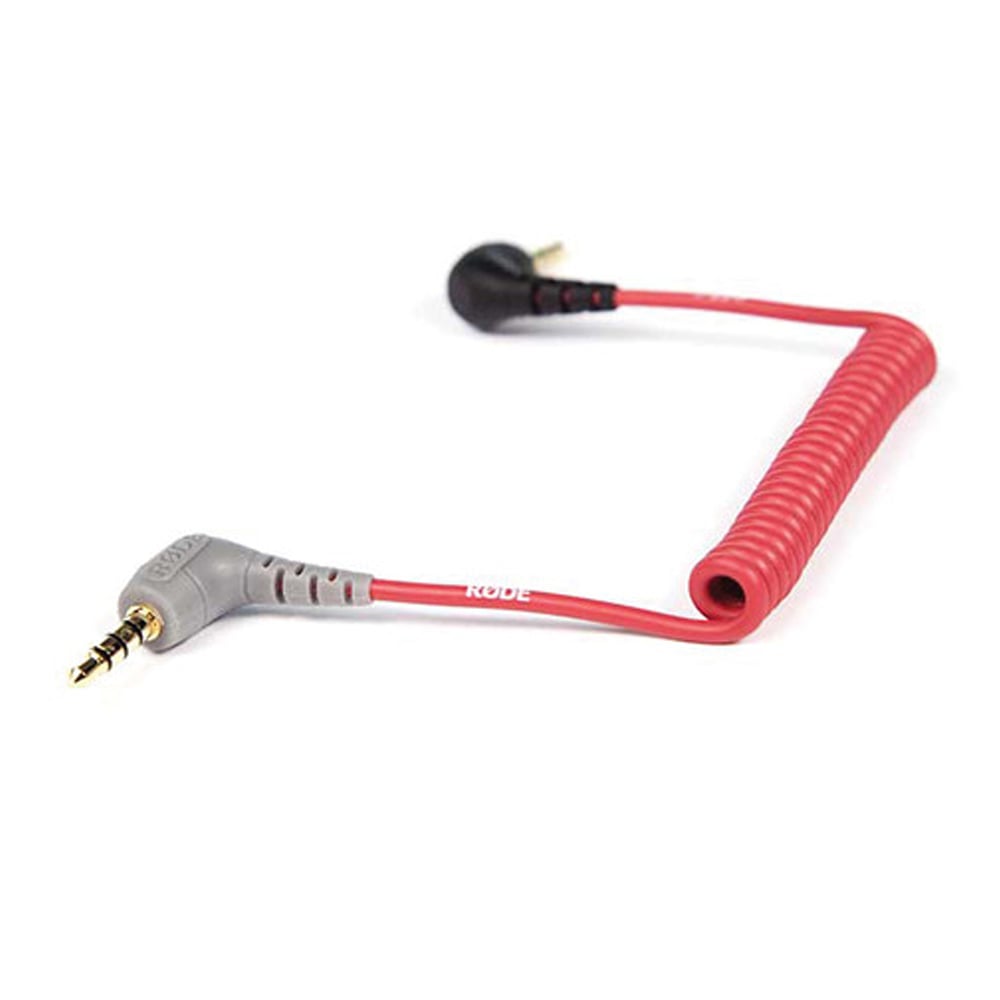 Rode SC7 TRRS cable for VideoMic GO, high-quality shielded 3.5mm TRS to TRRS patch cable with coiled design extending up to 400mm, right-angled gold-plated connectors, compatible with iOS and Android devices.