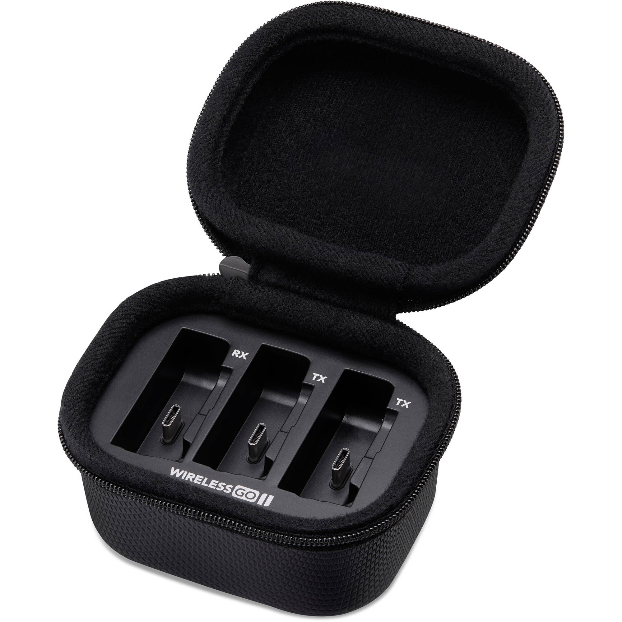 A robust charging case designed to protect your gear while powering it. Compatible with both transmitters and the receiver of the RODE Wireless GO II.