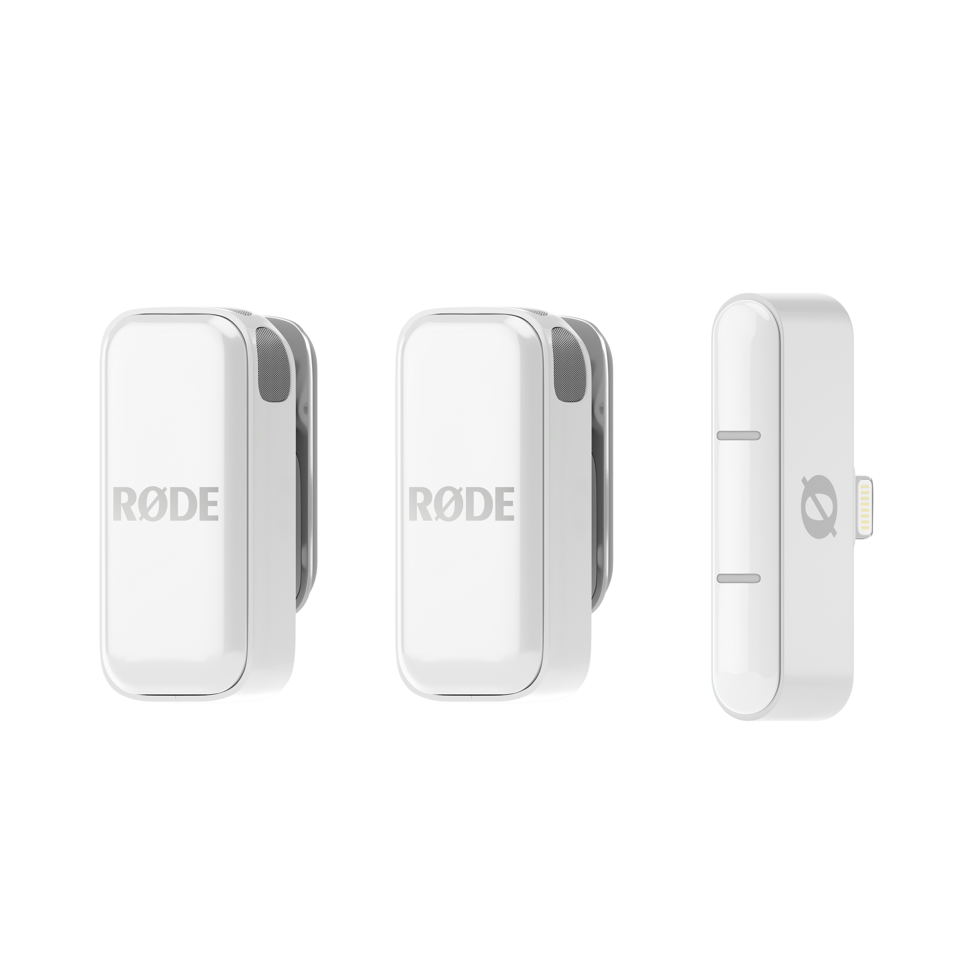 RODE Wireless Micro Lightning (White) – compact wireless microphone with Lightning connector, designed for high-quality audio recording on iPhones and iOS devices.