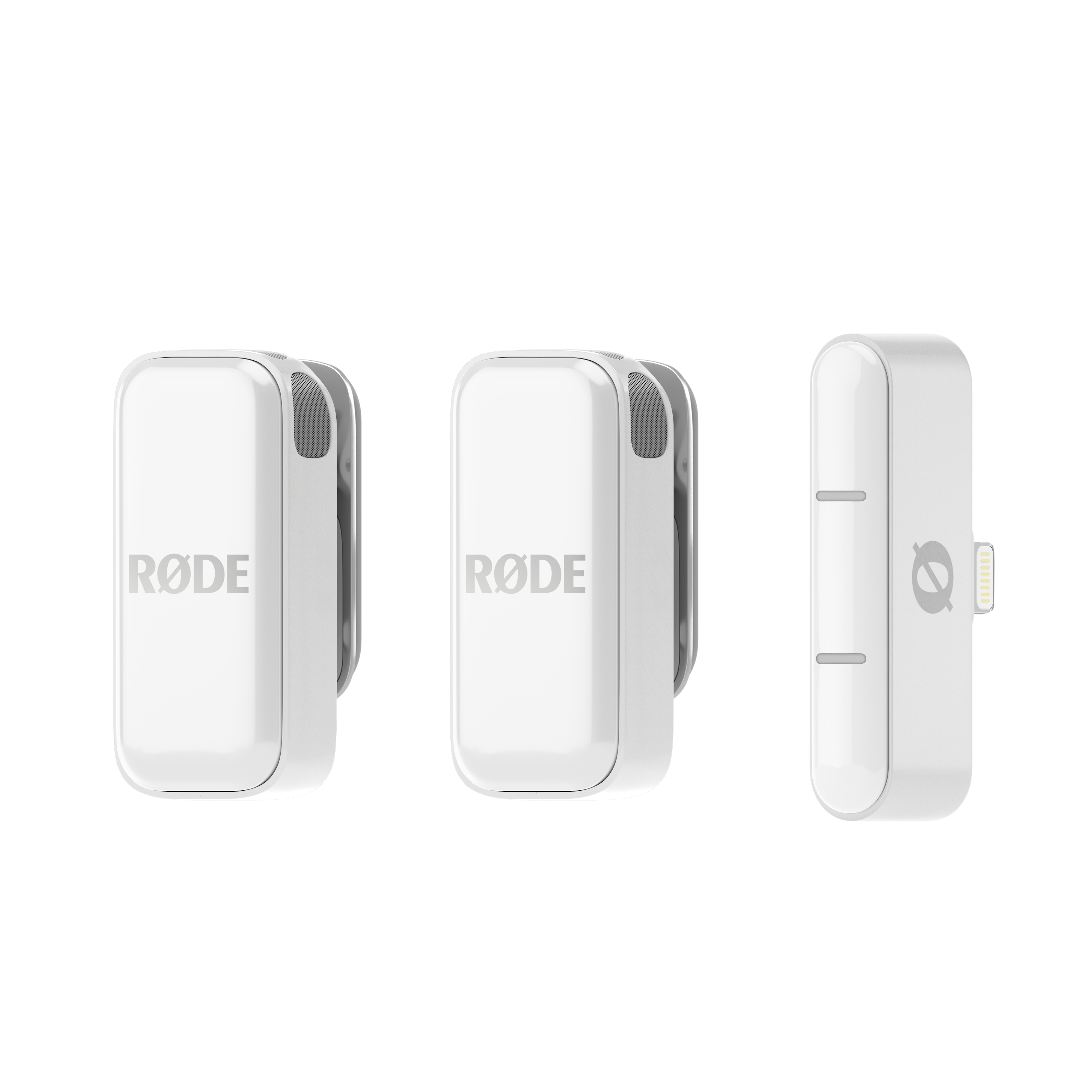 RODE Wireless Micro Lightning (White) – compact wireless microphone with Lightning connector, designed for high-quality audio recording on iPhones and iOS devices.