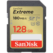 SanDisk Extreme 128GB SD card on a white background