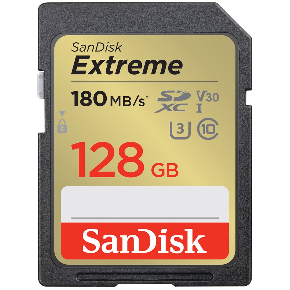 SanDisk Extreme 128GB SD card on a white background